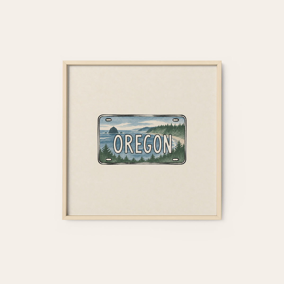 Oregon Landscape License Plate square art print — natural wood frame