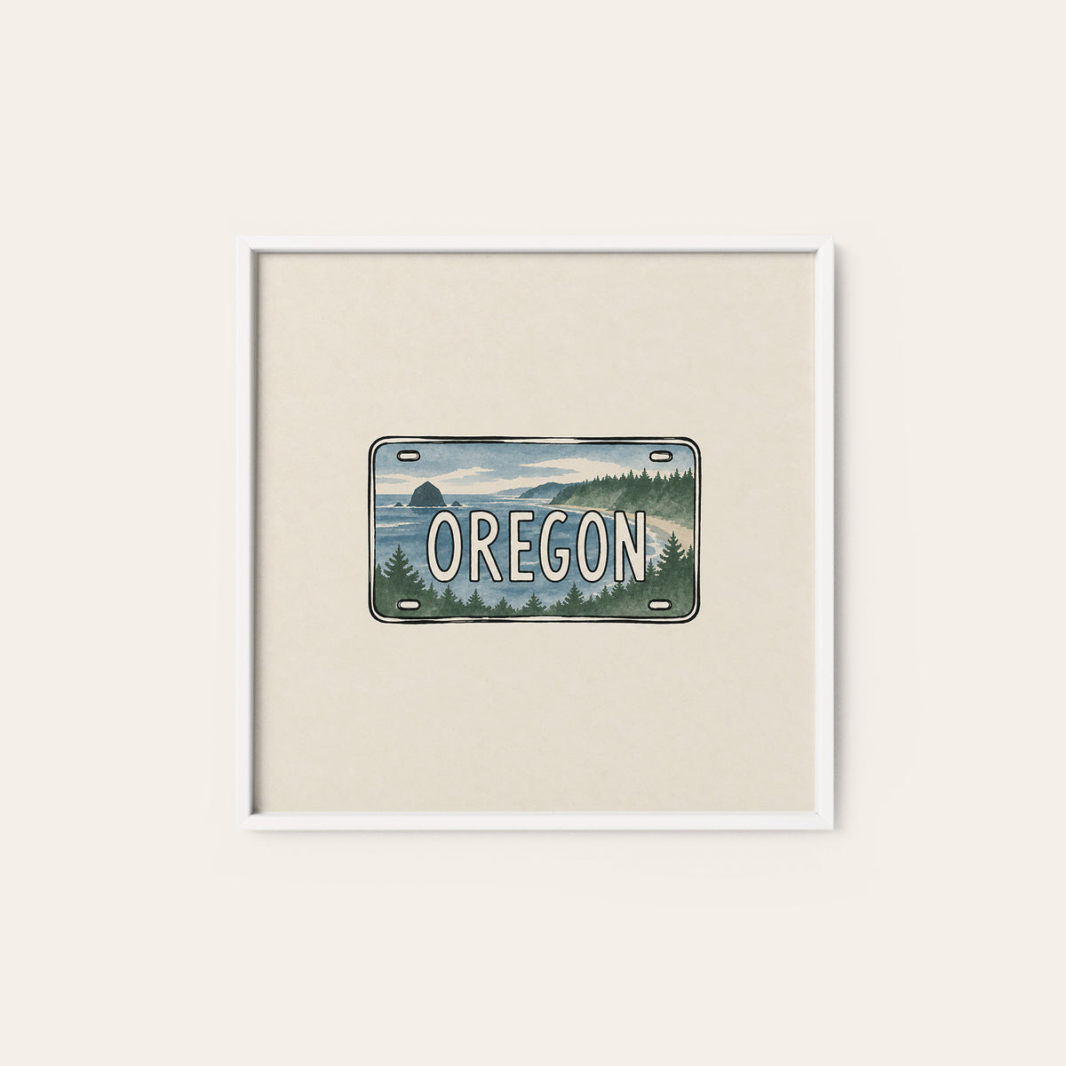 Oregon Landscape License Plate square art print — white frame