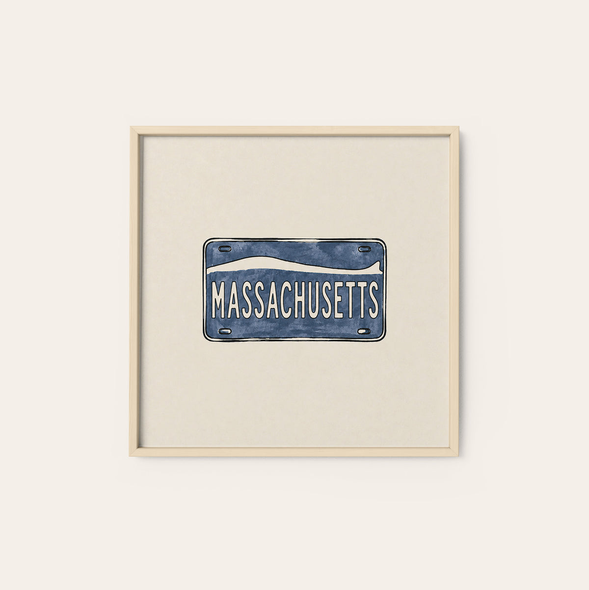 Massachusetts Navy License Plate square art print — natural wood frame
