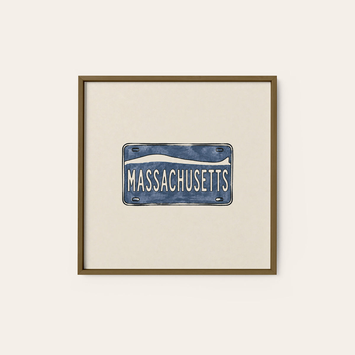 Massachusetts Navy License Plate square art print — dark wood frame