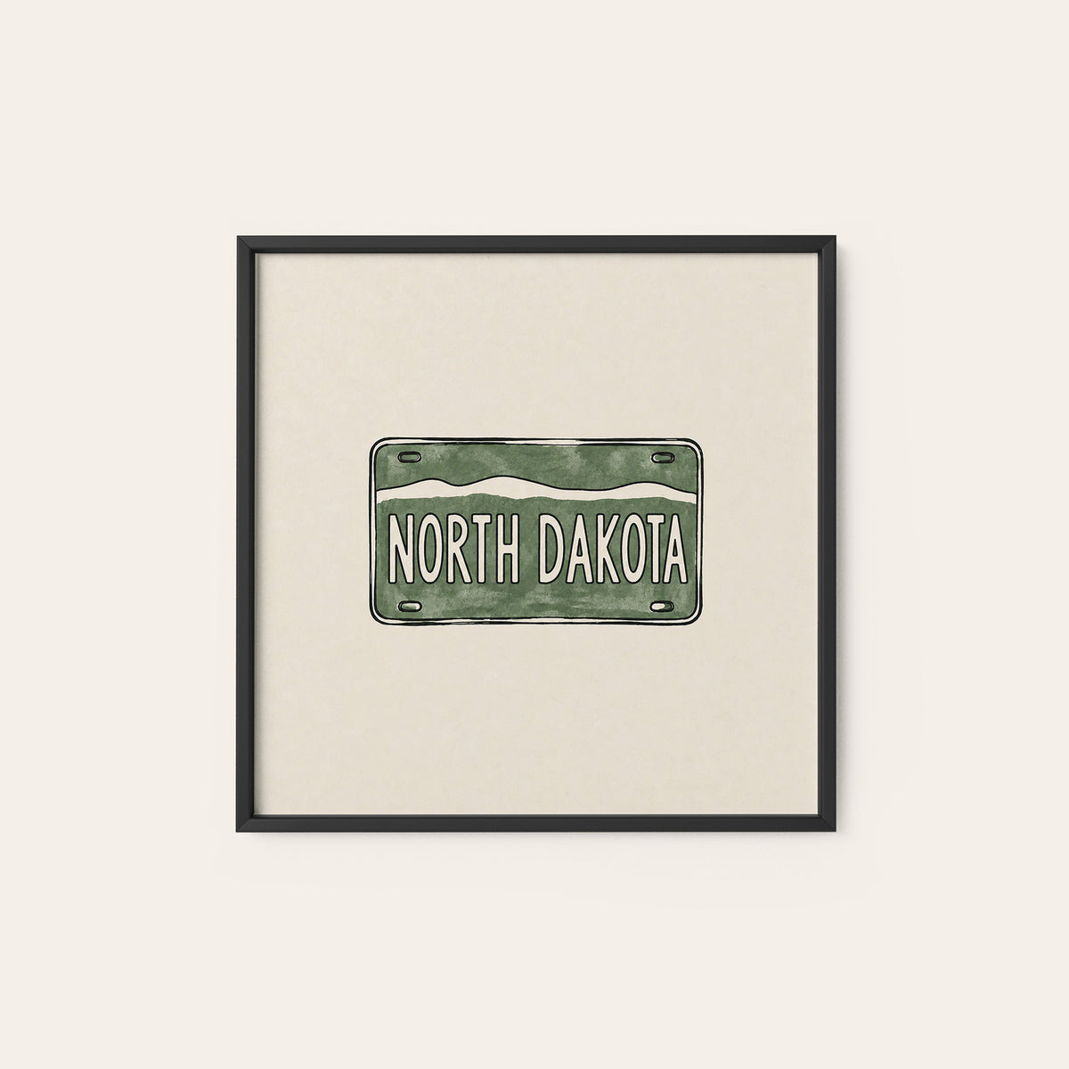 North Dakota Green License Plate square art print — black frame