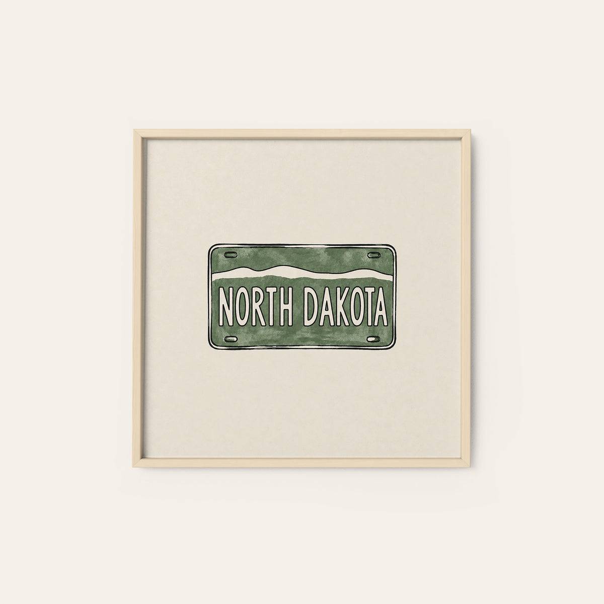 North Dakota Green License Plate square art print — natural wood frame