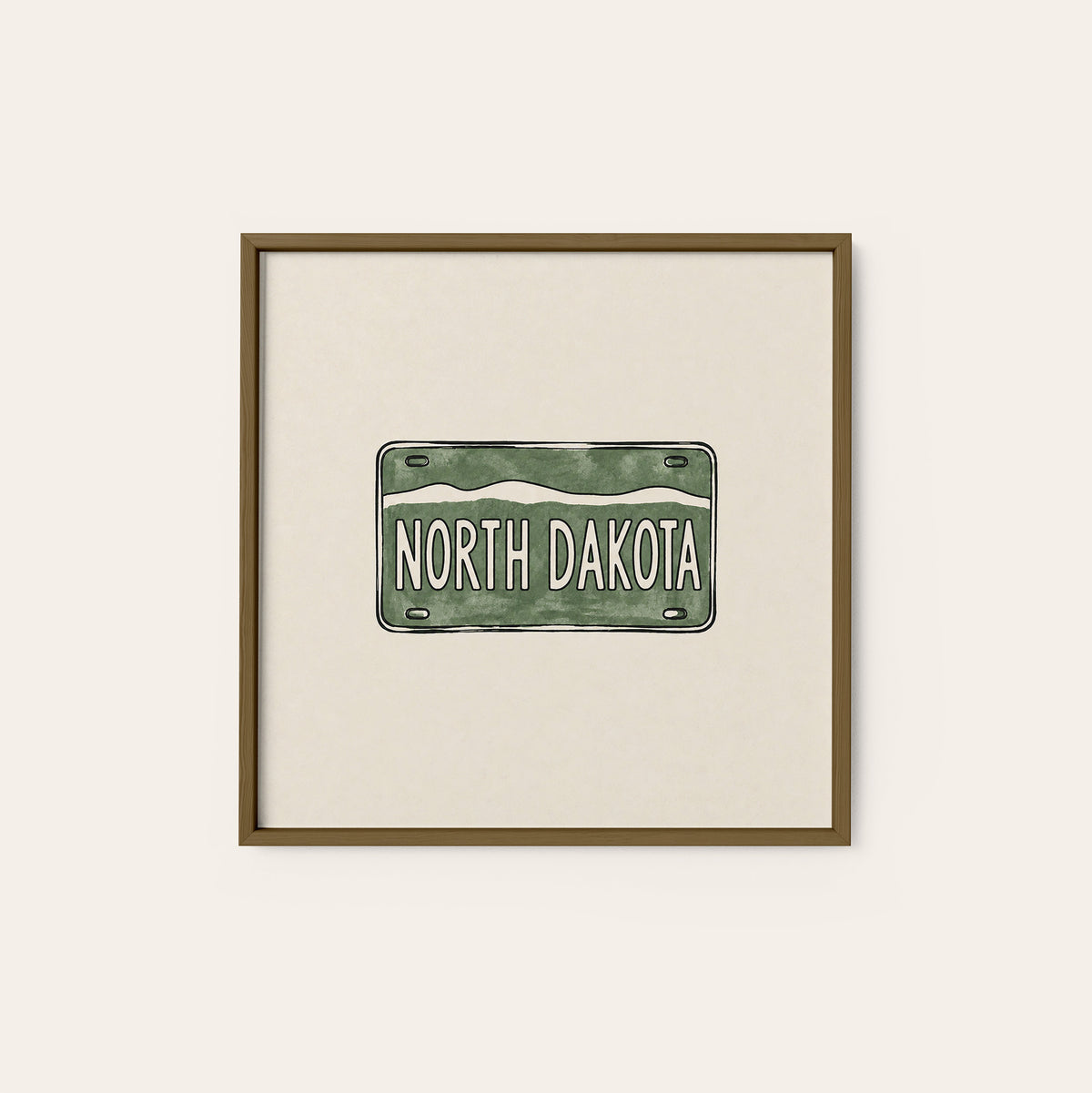 North Dakota Green License Plate square art print — dark wood frame