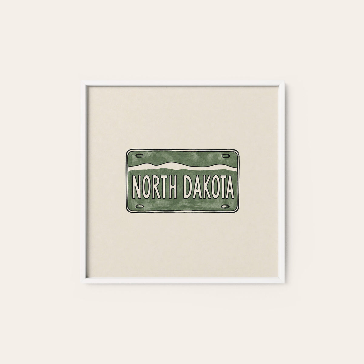 North Dakota Green License Plate square art print — white frame