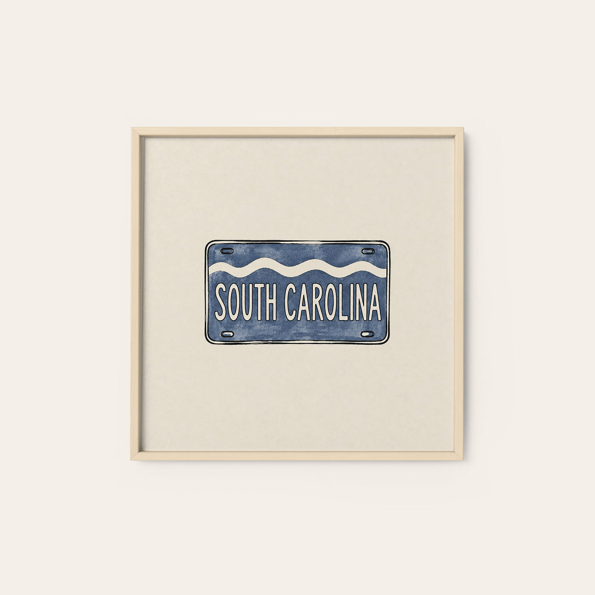 South Carolina Navy License Plate square art print — natural wood frame