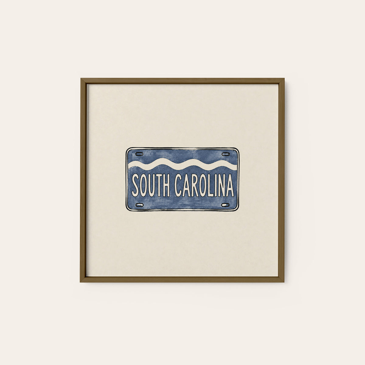 South Carolina Navy License Plate square art print — dark wood frame