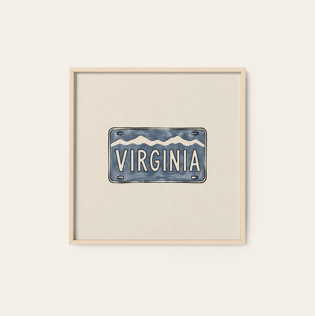 Virginia Ridge License Plate square art print — natural wood frame