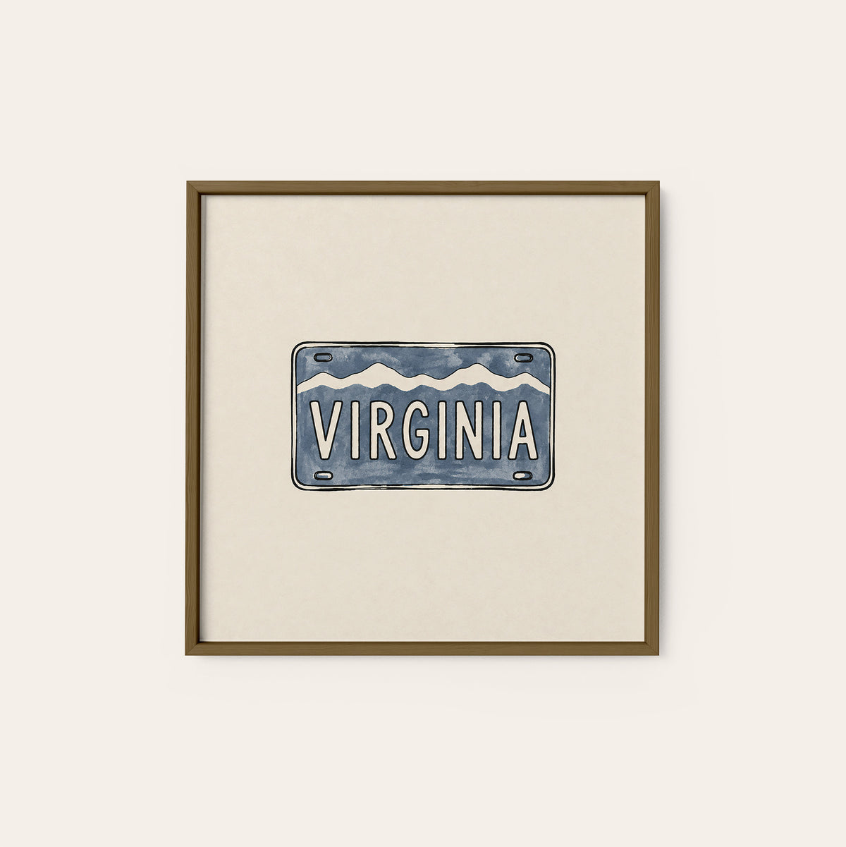 Virginia Ridge License Plate square art print — dark wood frame
