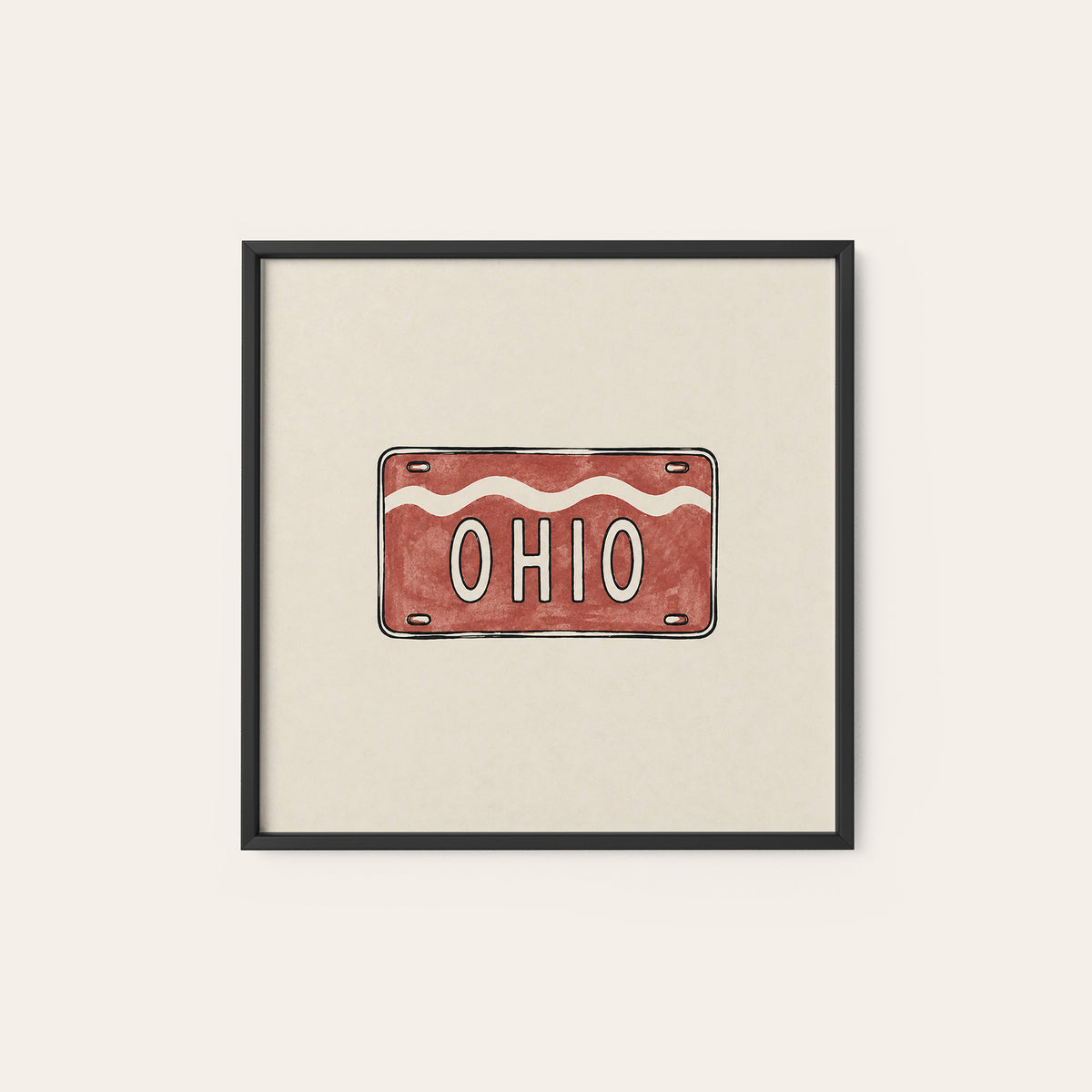 Ohio Red License Plate square art print — black frame