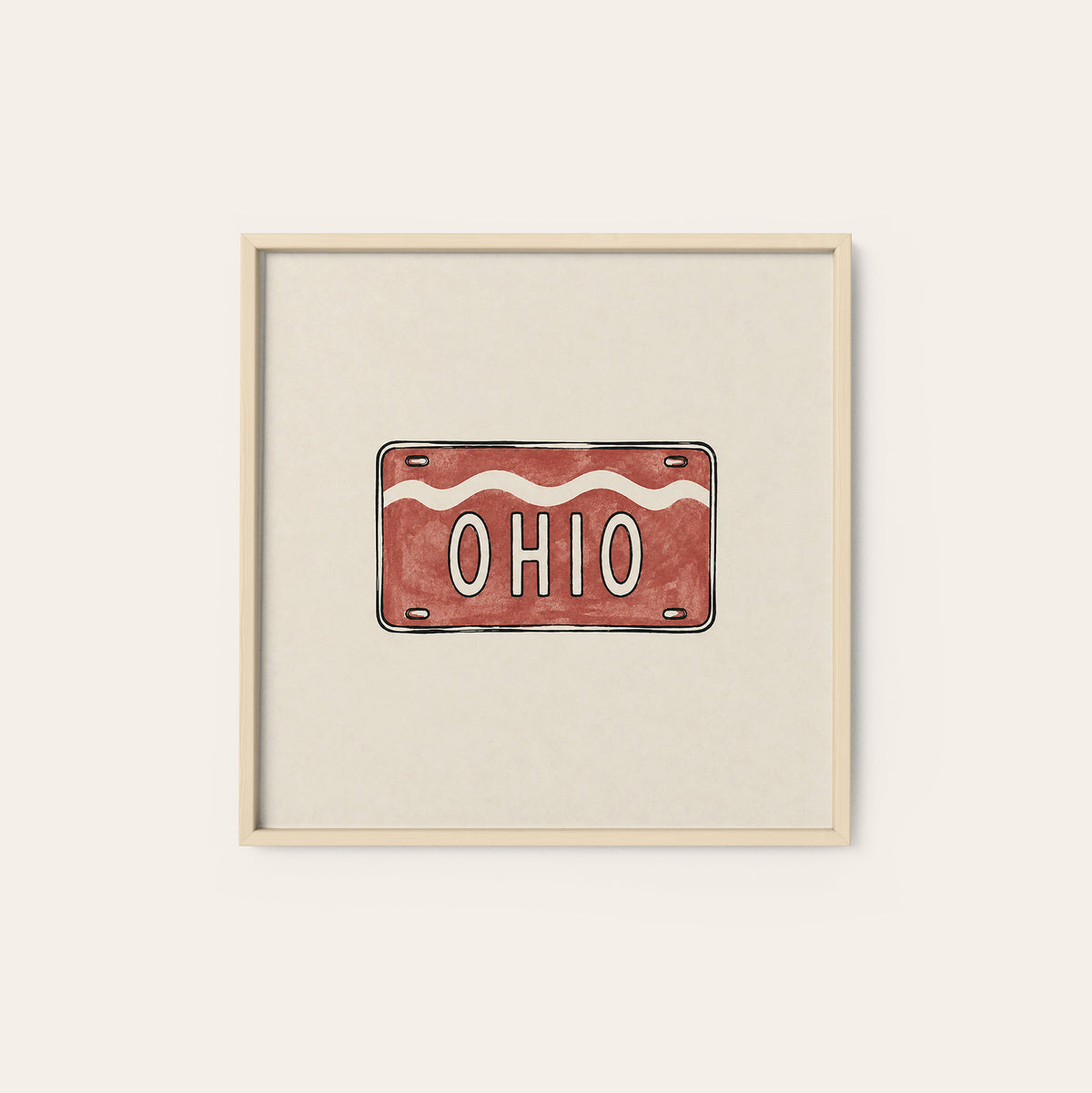 Ohio Red License Plate square art print — natural wood frame