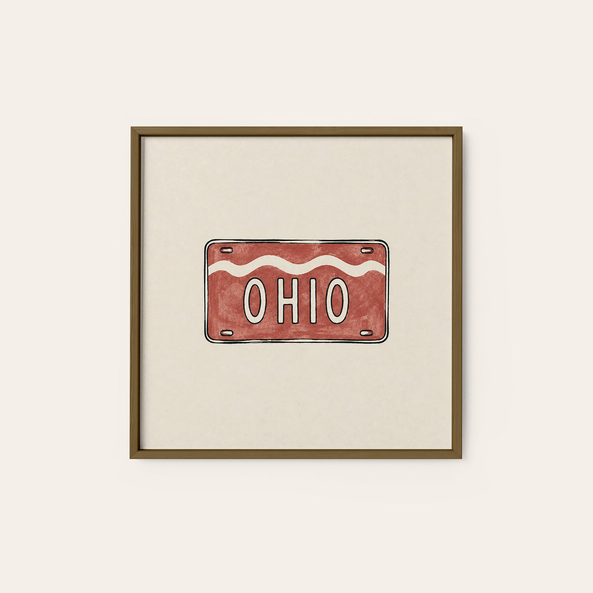 Ohio Red License Plate square art print — dark wood frame