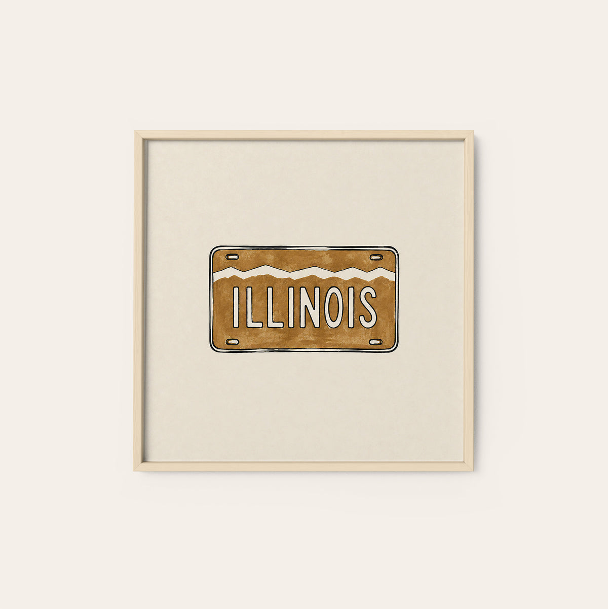 Illinois Ochre License Plate square art print — natural wood frame