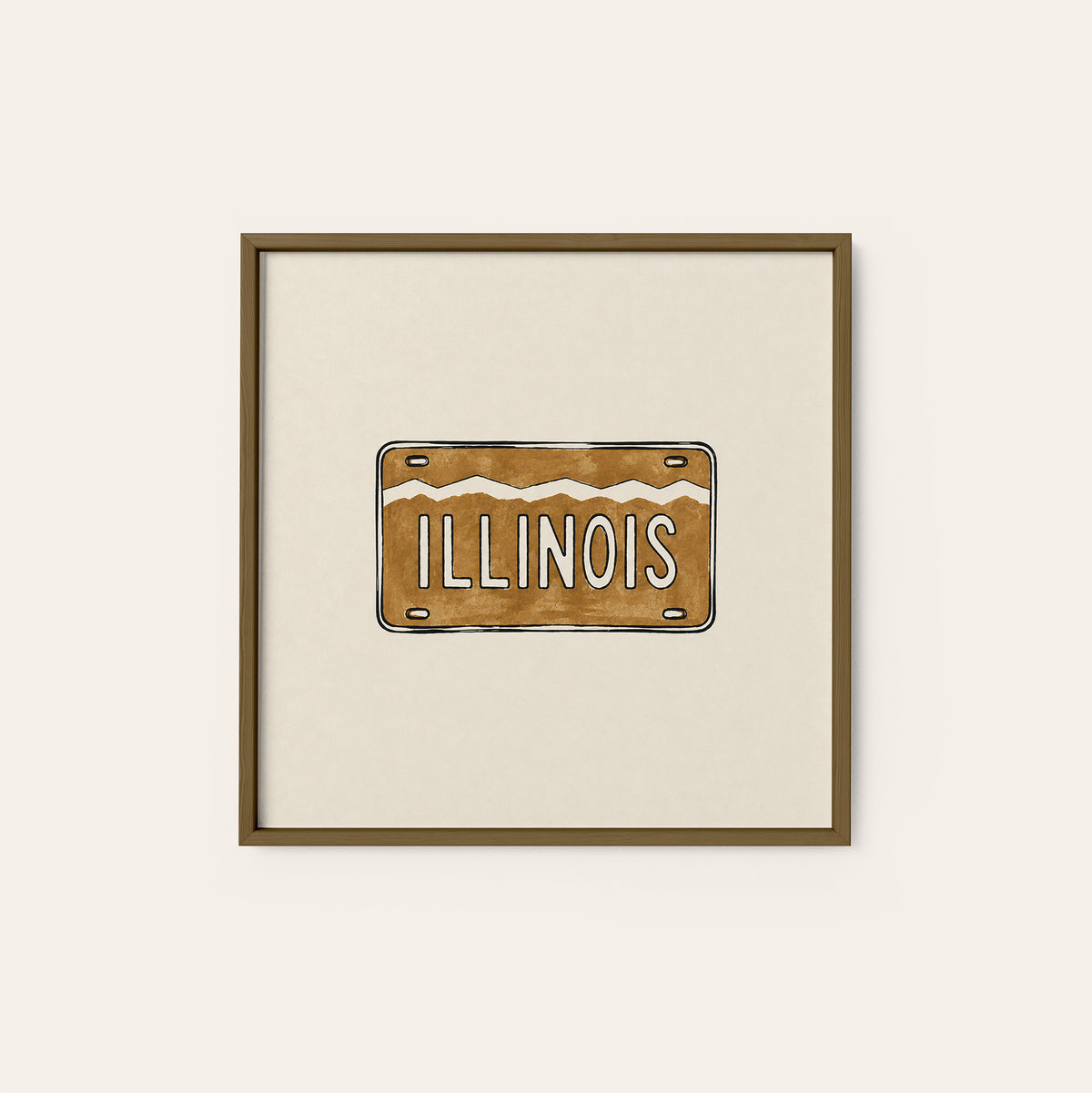 Illinois Ochre License Plate square art print — dark wood frame