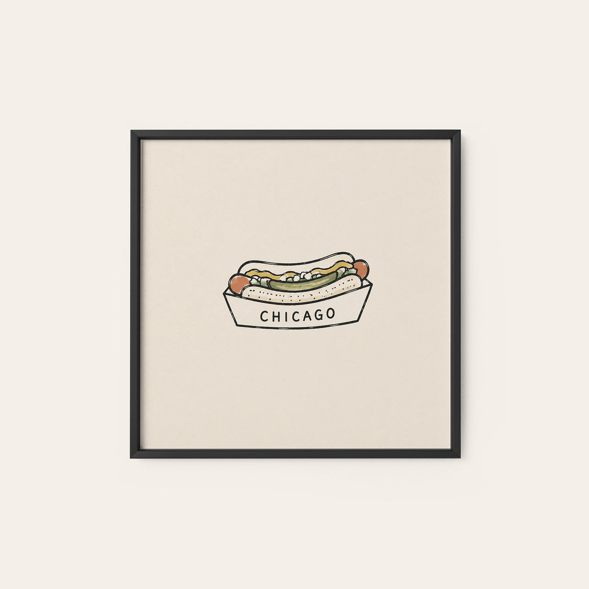 Chicago Hot Dog square art print — black frame