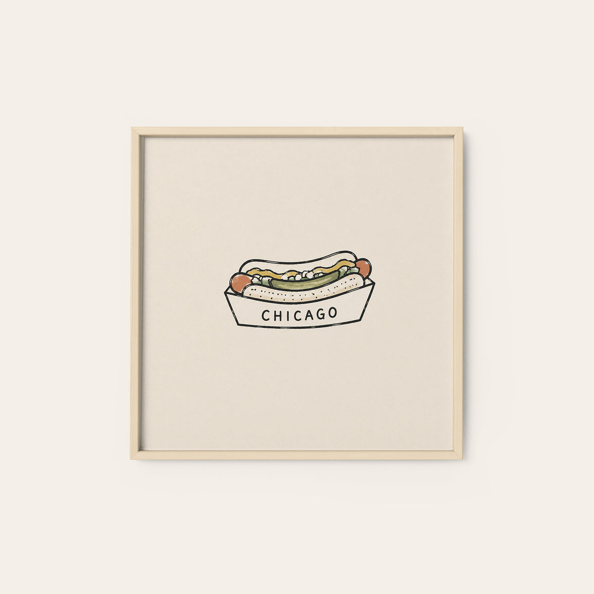 Chicago Hot Dog square art print — natural wood frame