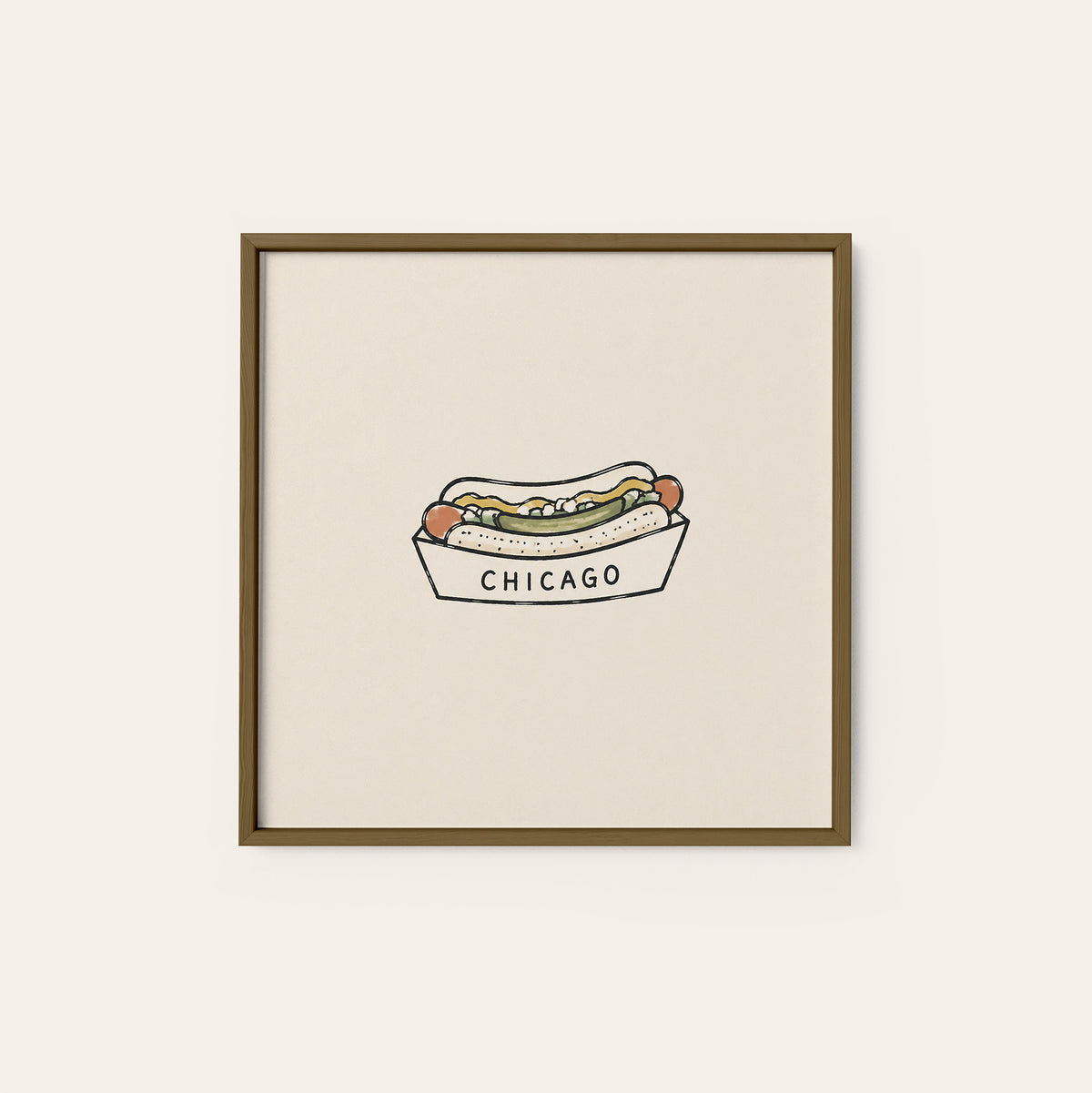 Chicago Hot Dog square art print — dark wood frame