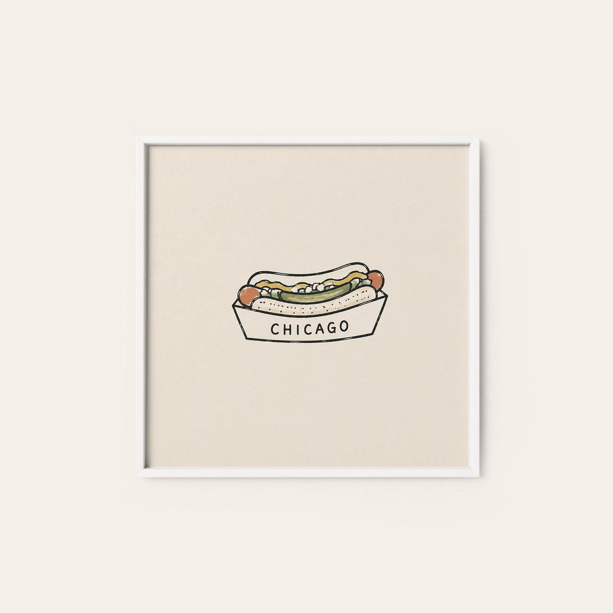 Chicago Hot Dog square art print — white frame