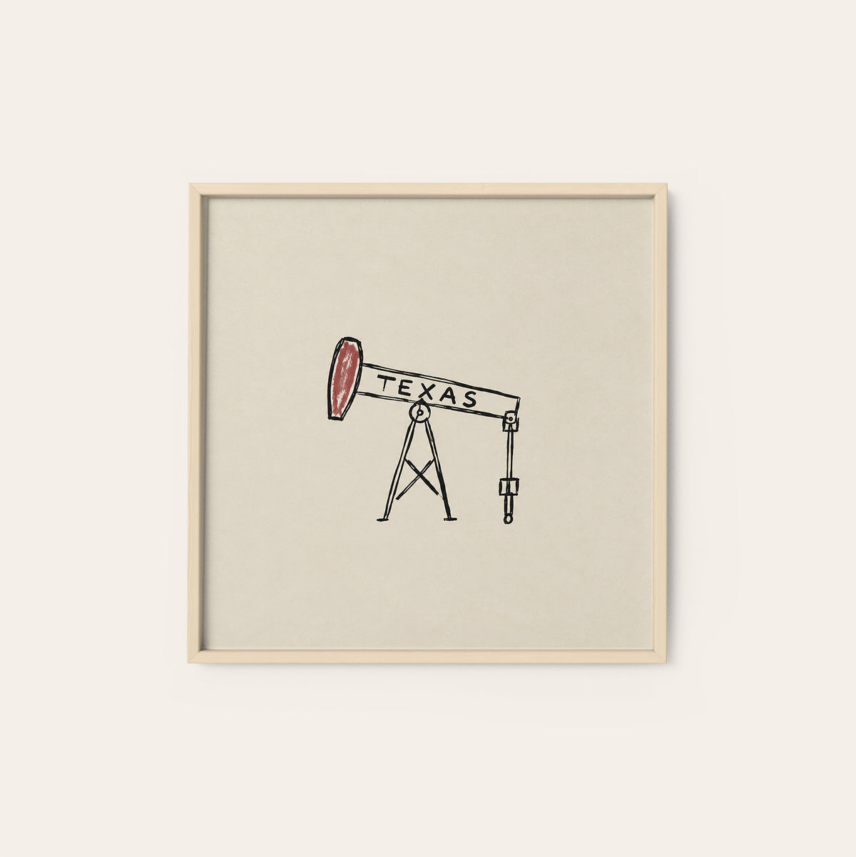 Texas Oil Pumpjack square art print — natural wood frame