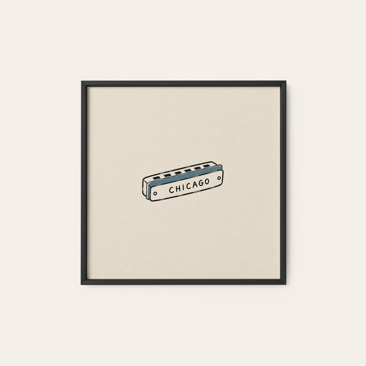 Chicago Harmonica square art print — black frame
