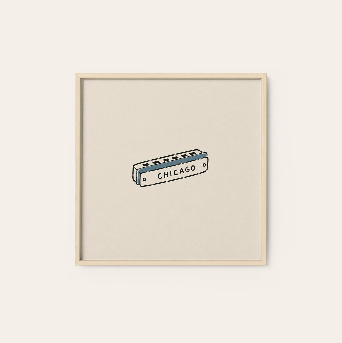 Chicago Harmonica square art print — natural wood frame