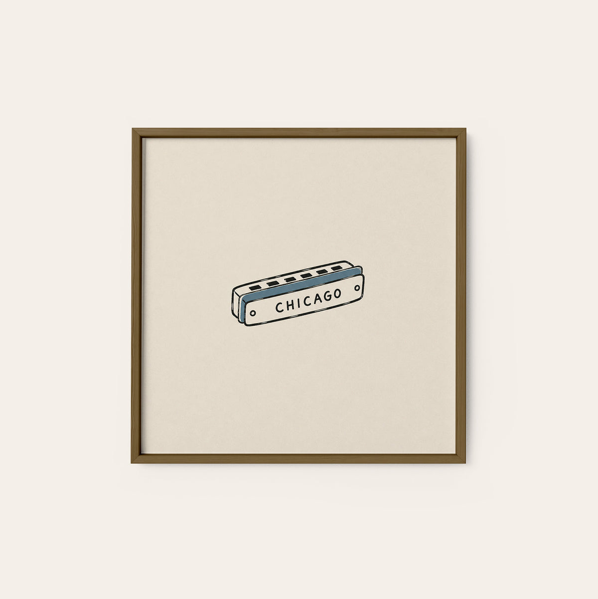 Chicago Harmonica square art print — dark wood frame