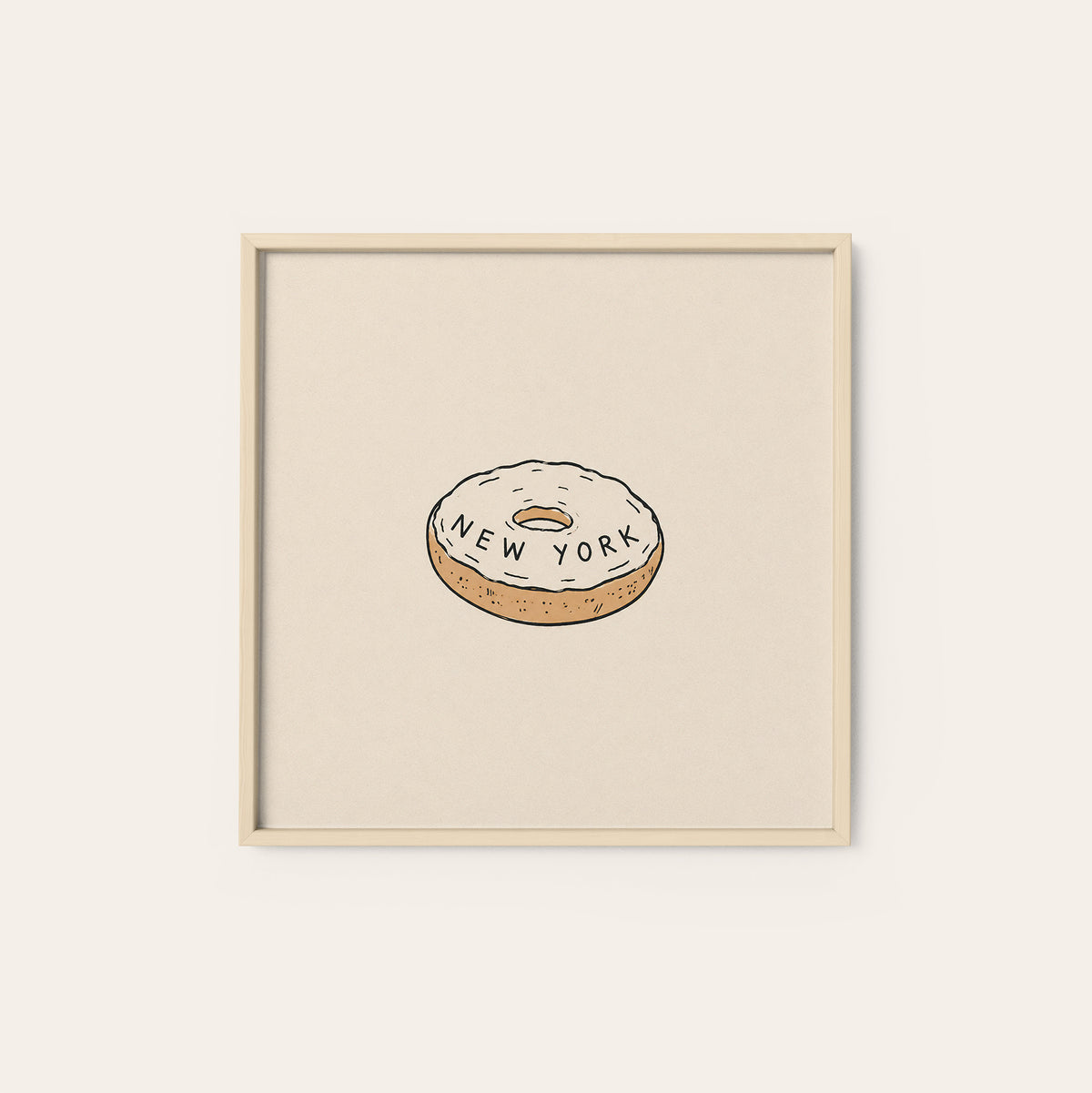 New York Bagel square art print — natural wood frame