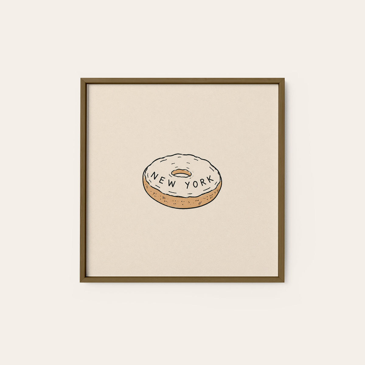 New York Bagel square art print — dark wood frame