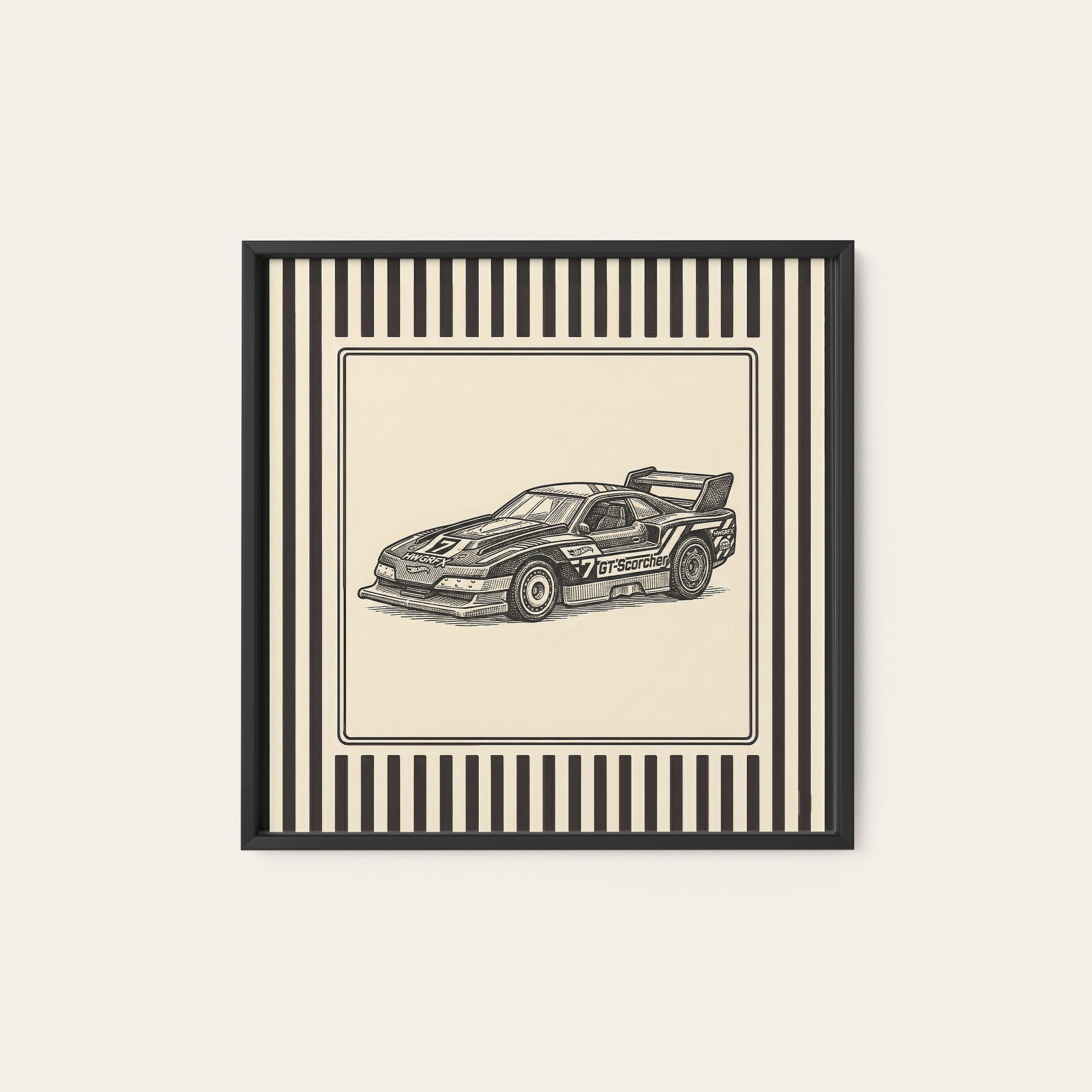 Race Day — Retro Car Sketch Print – black frame