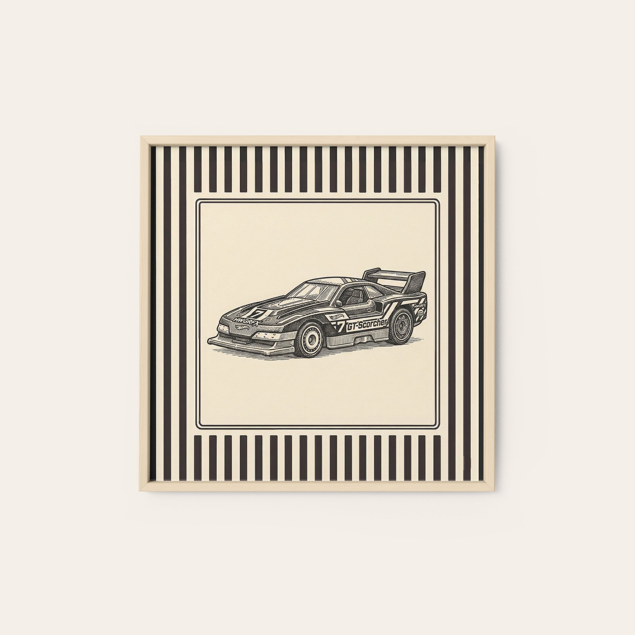 Race Day — Retro Car Sketch Print – natural wood frame