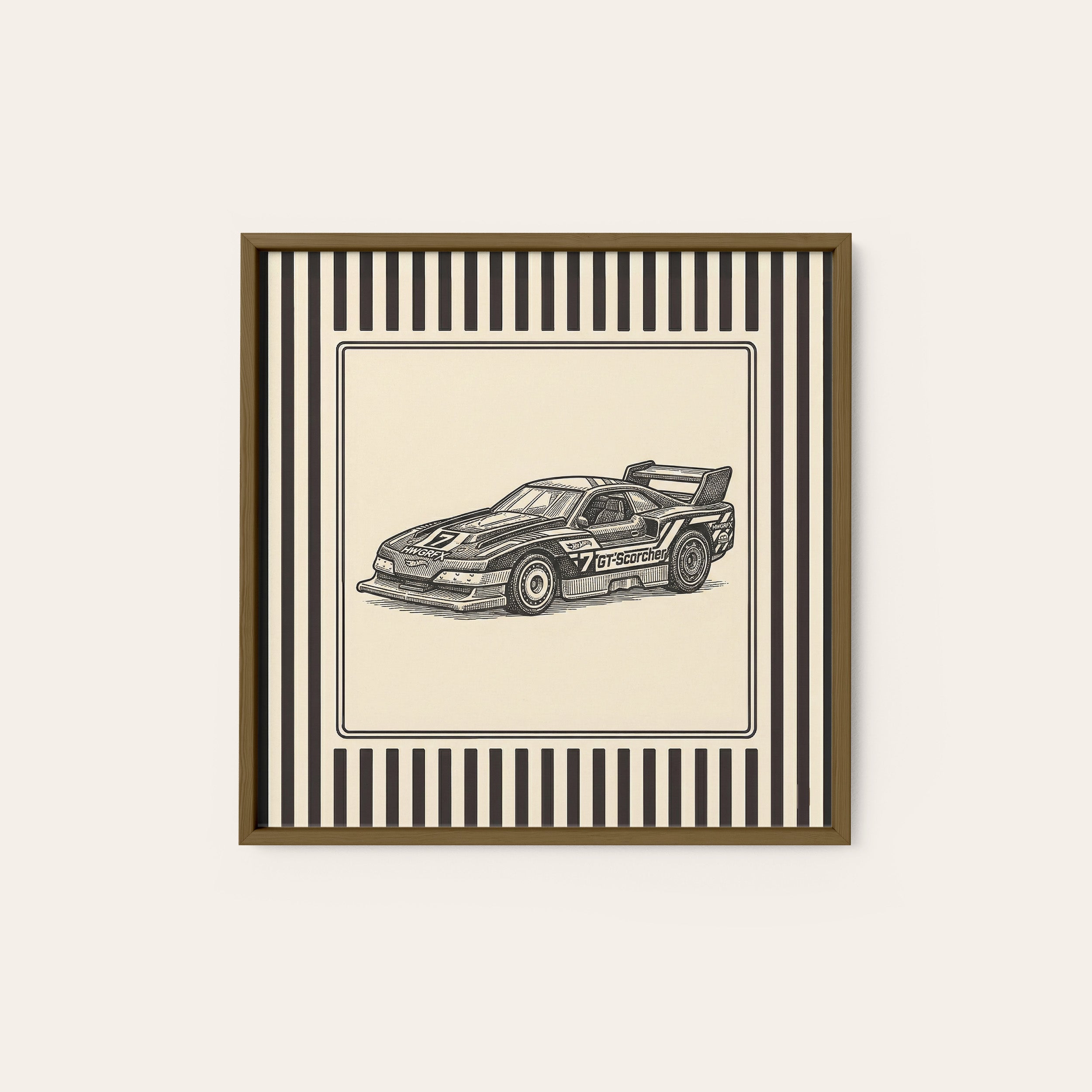 Race Day — Retro Car Sketch Print – dark wood frame
