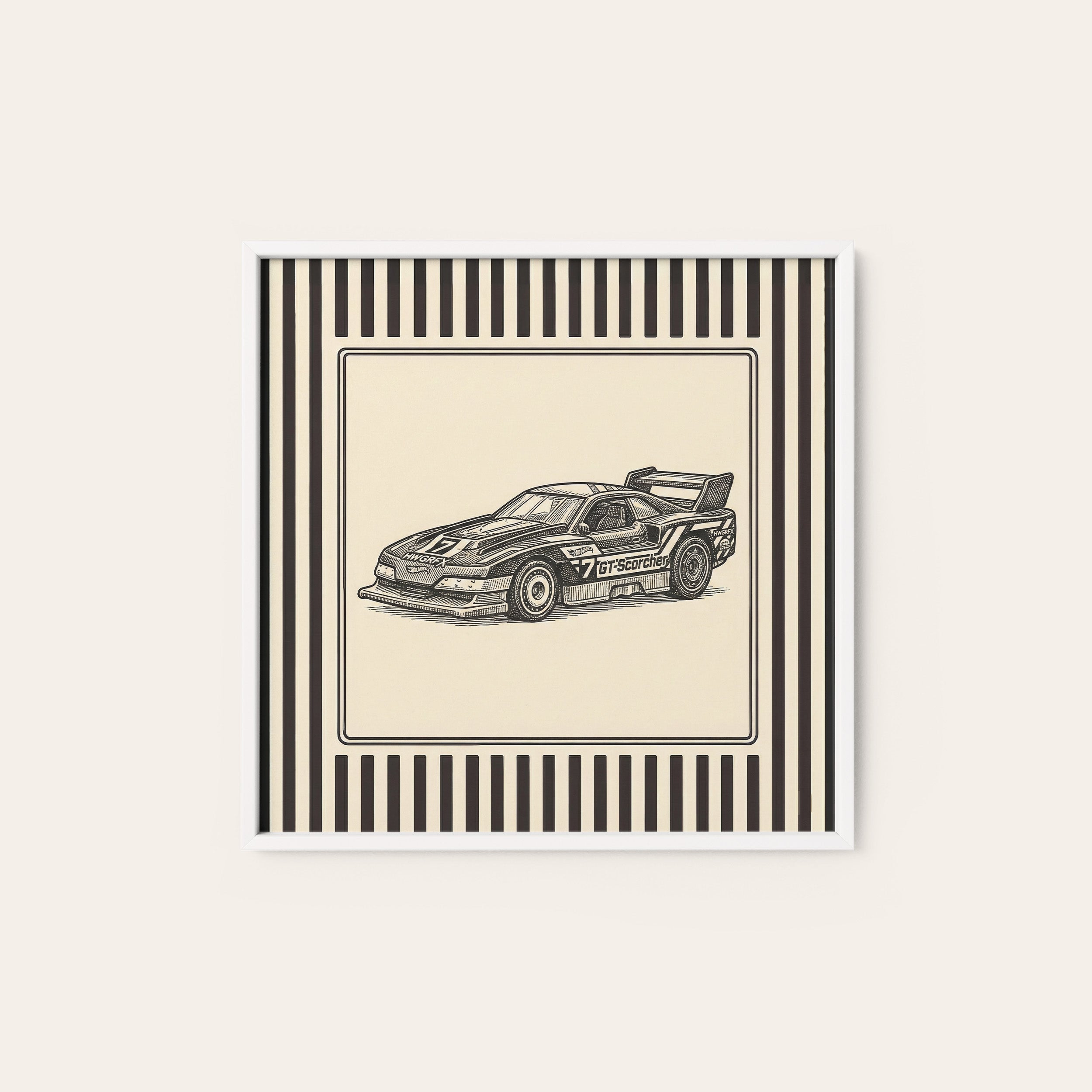 Race Day — Retro Car Sketch Print – white frame