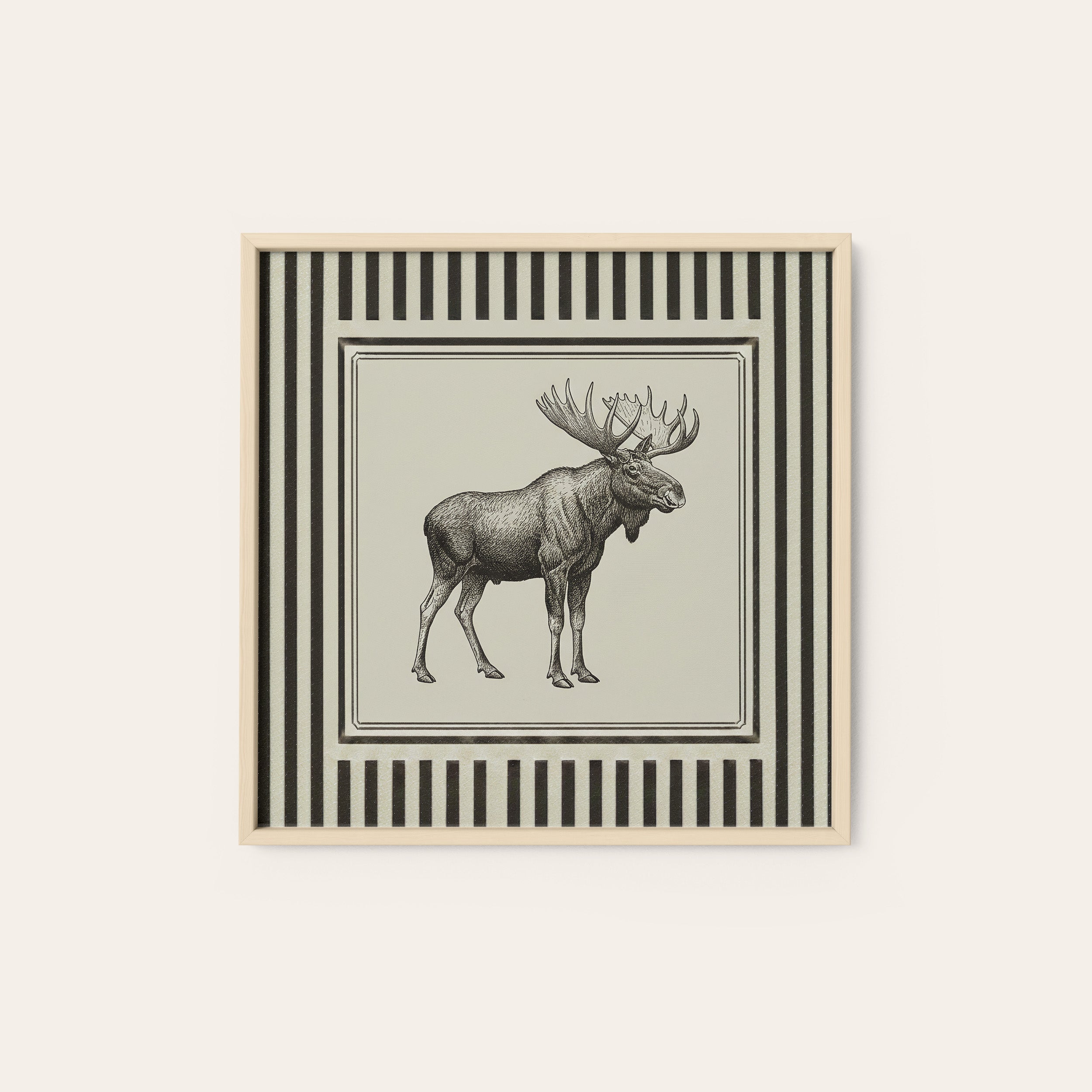 Ticking Stripe Moose — Sketch Print – natural wood frame