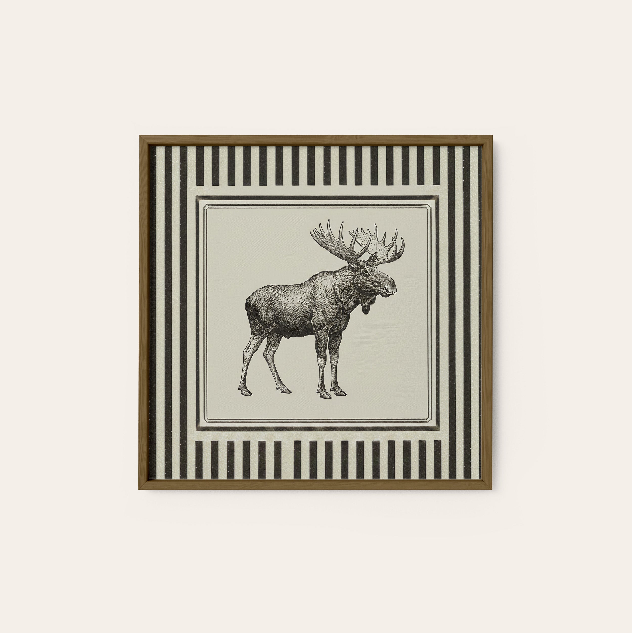 Ticking Stripe Moose — Sketch Print – dark wood frame