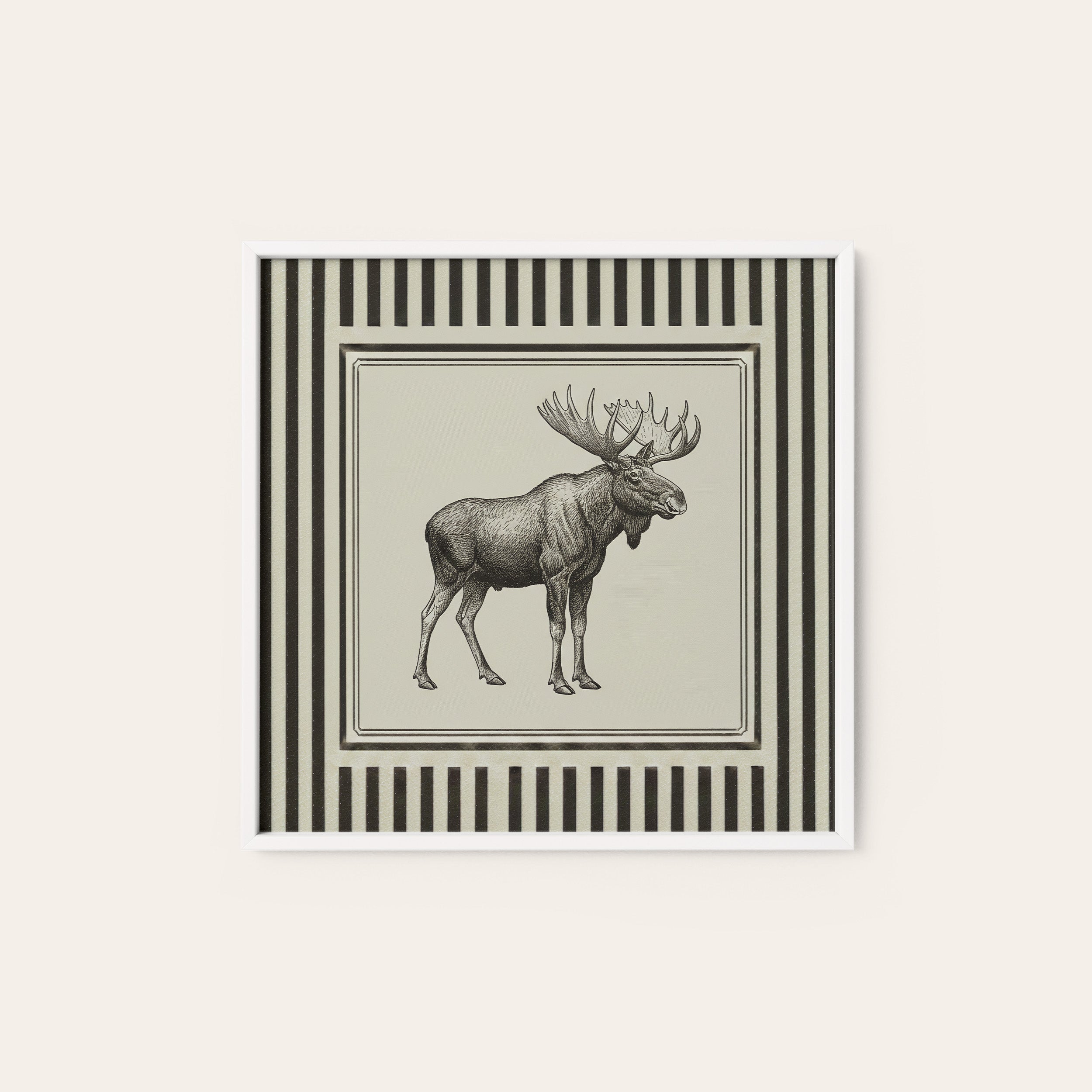 Ticking Stripe Moose — Sketch Print – white frame