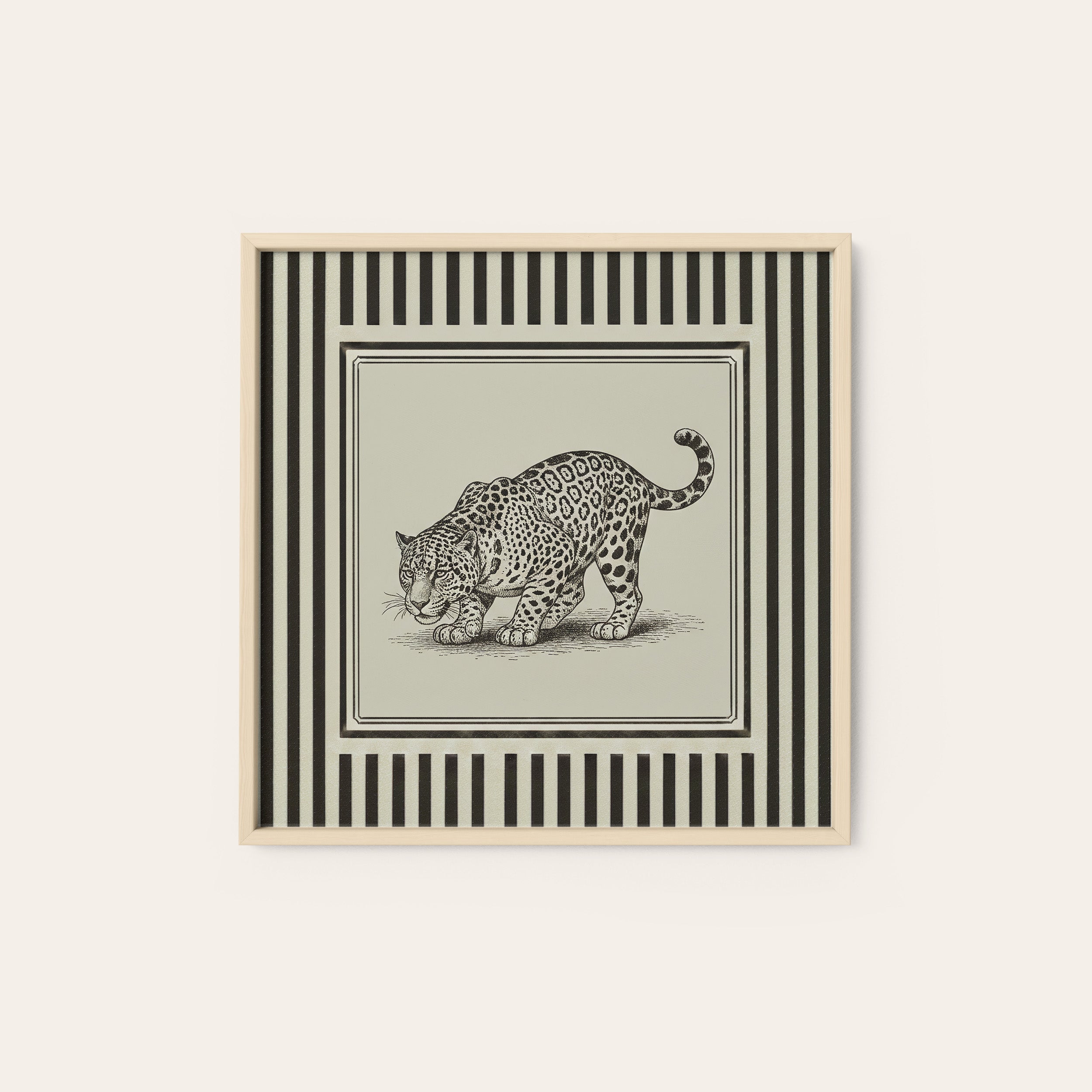 Ticking Stripe Leopard — Sketch Print – natural wood frame