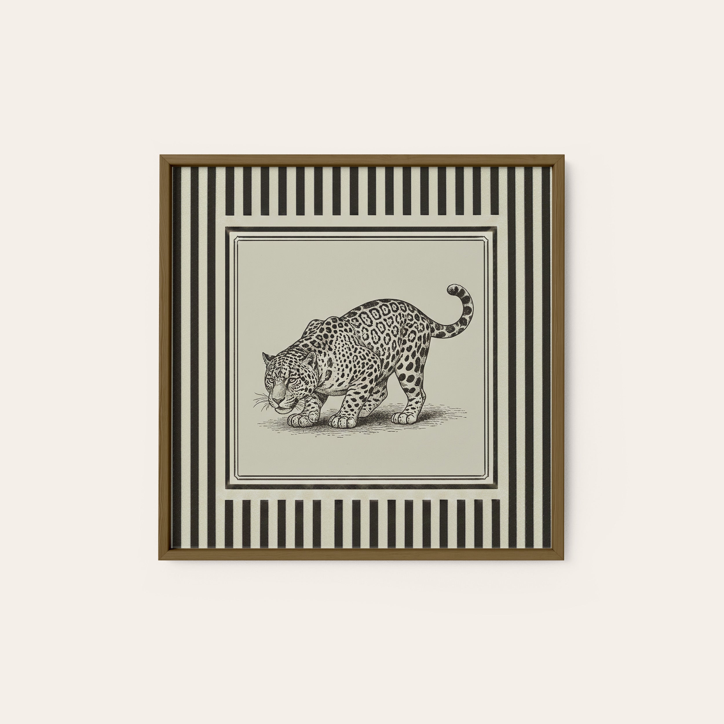 Ticking Stripe Leopard — Sketch Print – dark wood frame