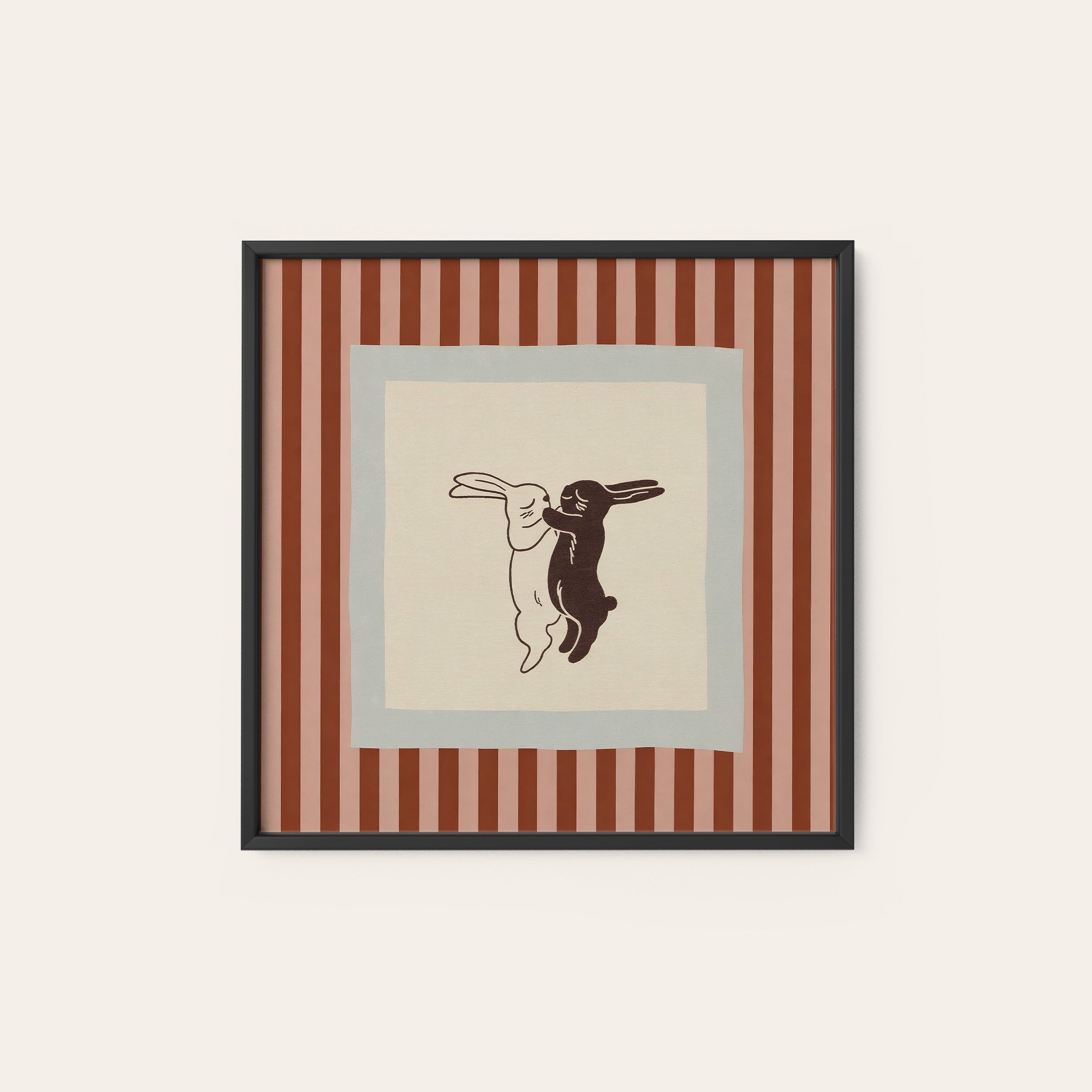 Boxing Hares — Red Stripe Print – black frame
