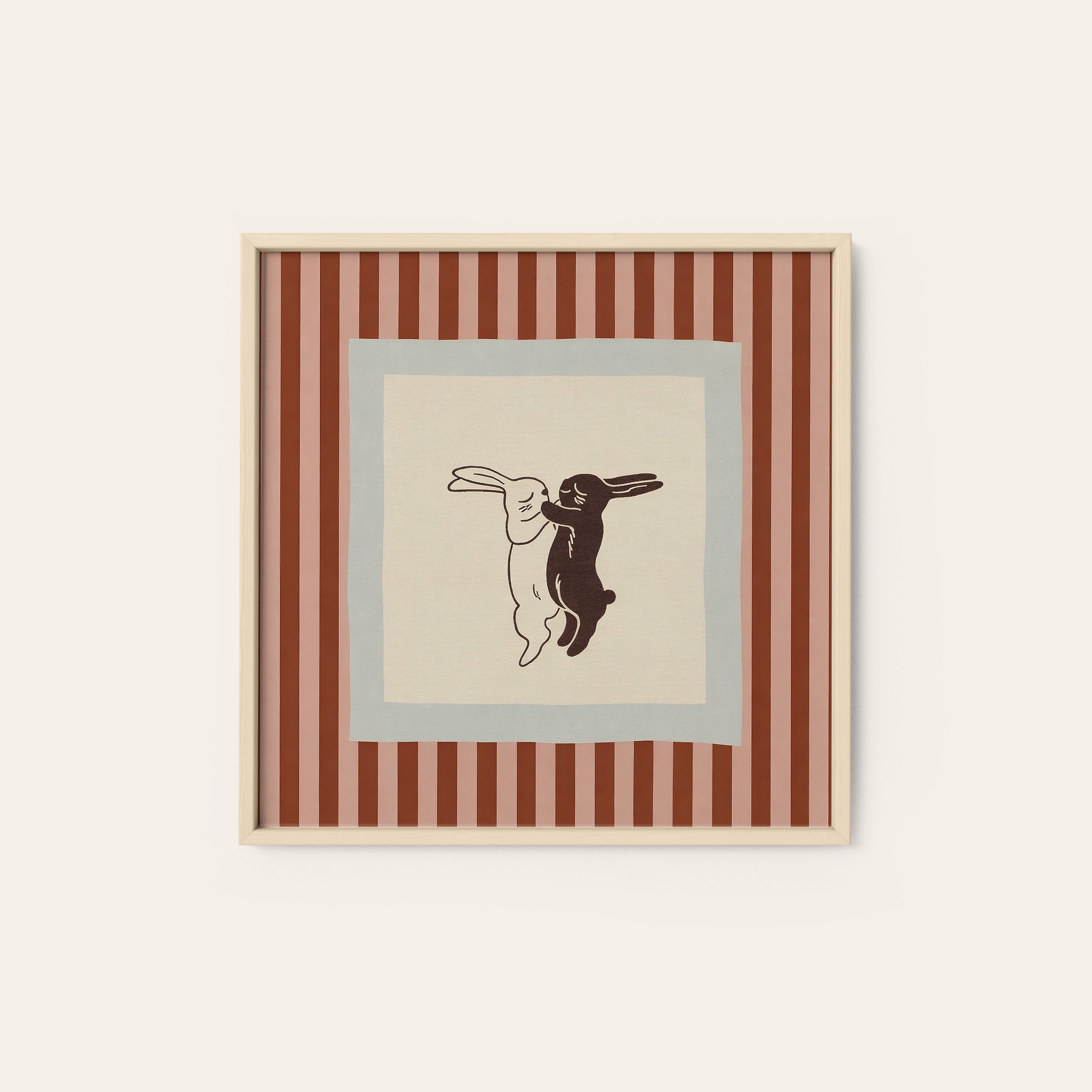 Boxing Hares — Red Stripe Print – natural wood frame