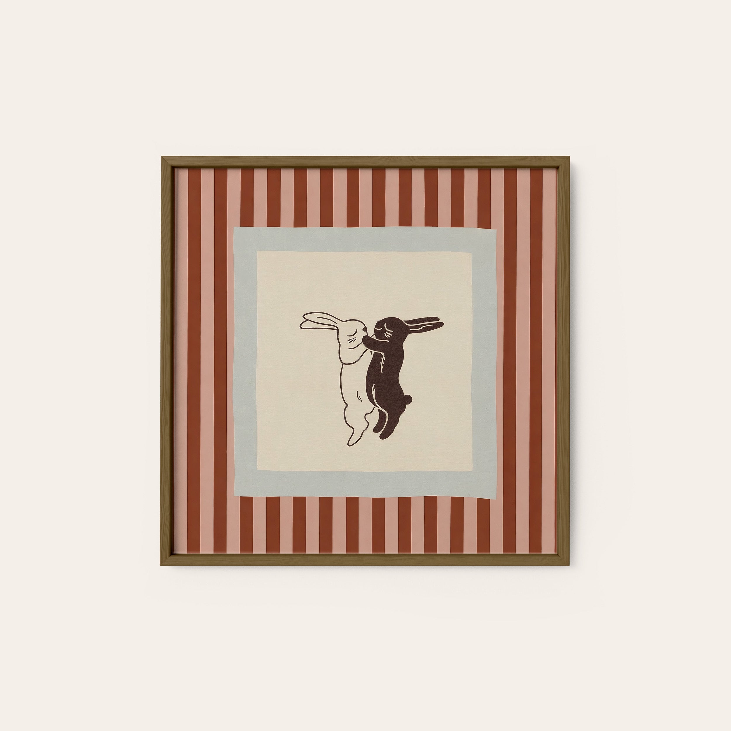 Boxing Hares — Red Stripe Print – dark wood frame