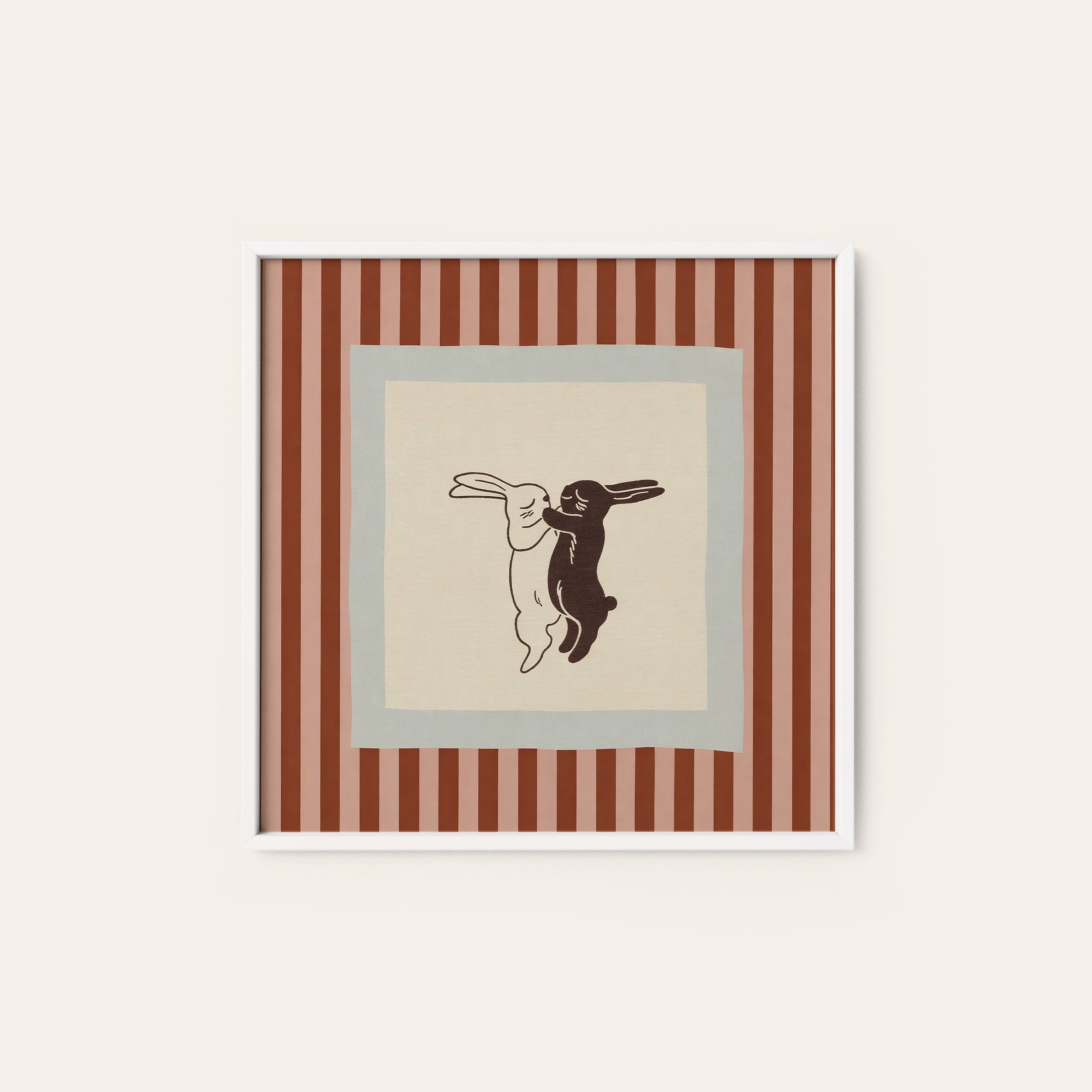 Boxing Hares — Red Stripe Print – white frame