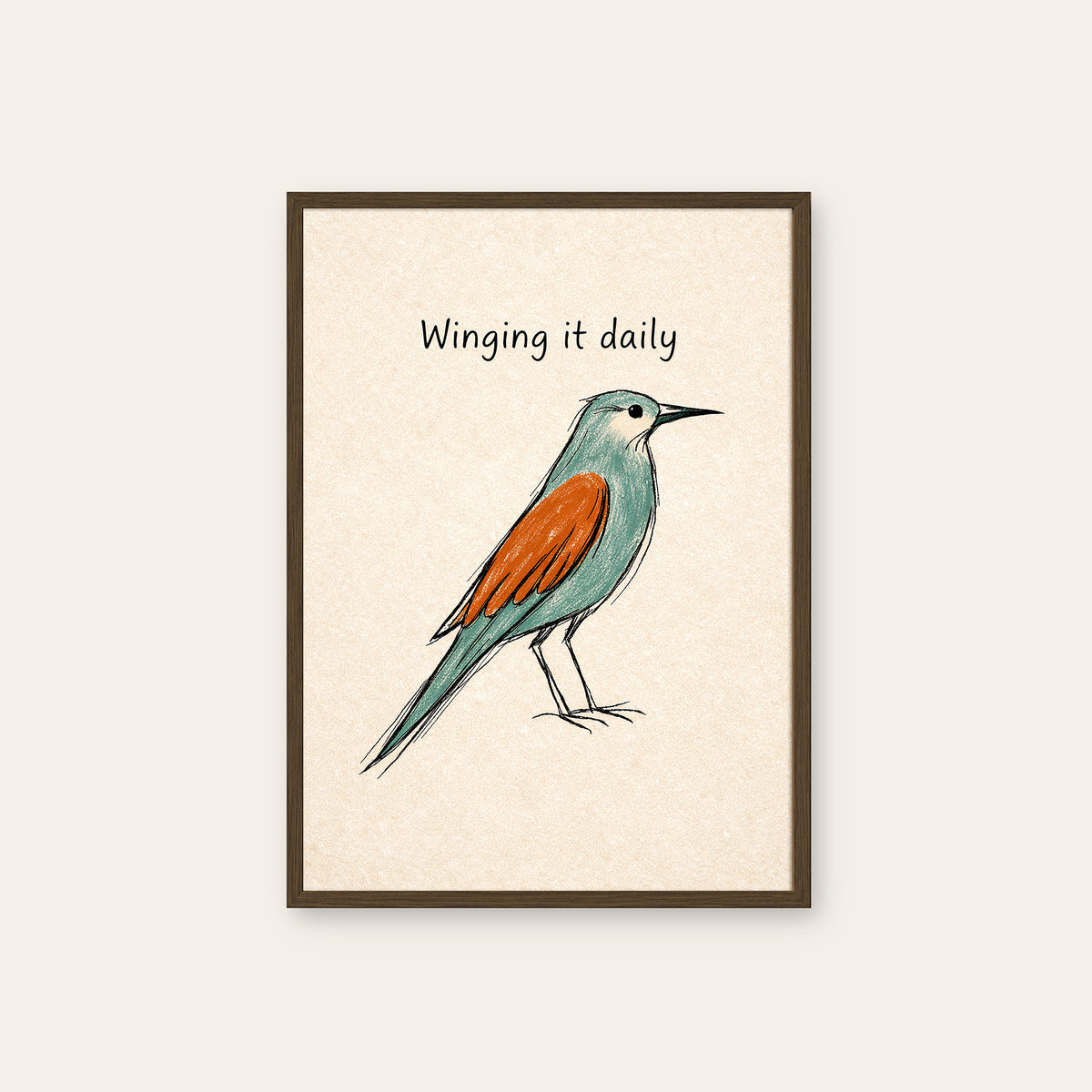 Winging It Daily - Bird Print - dark wood frame