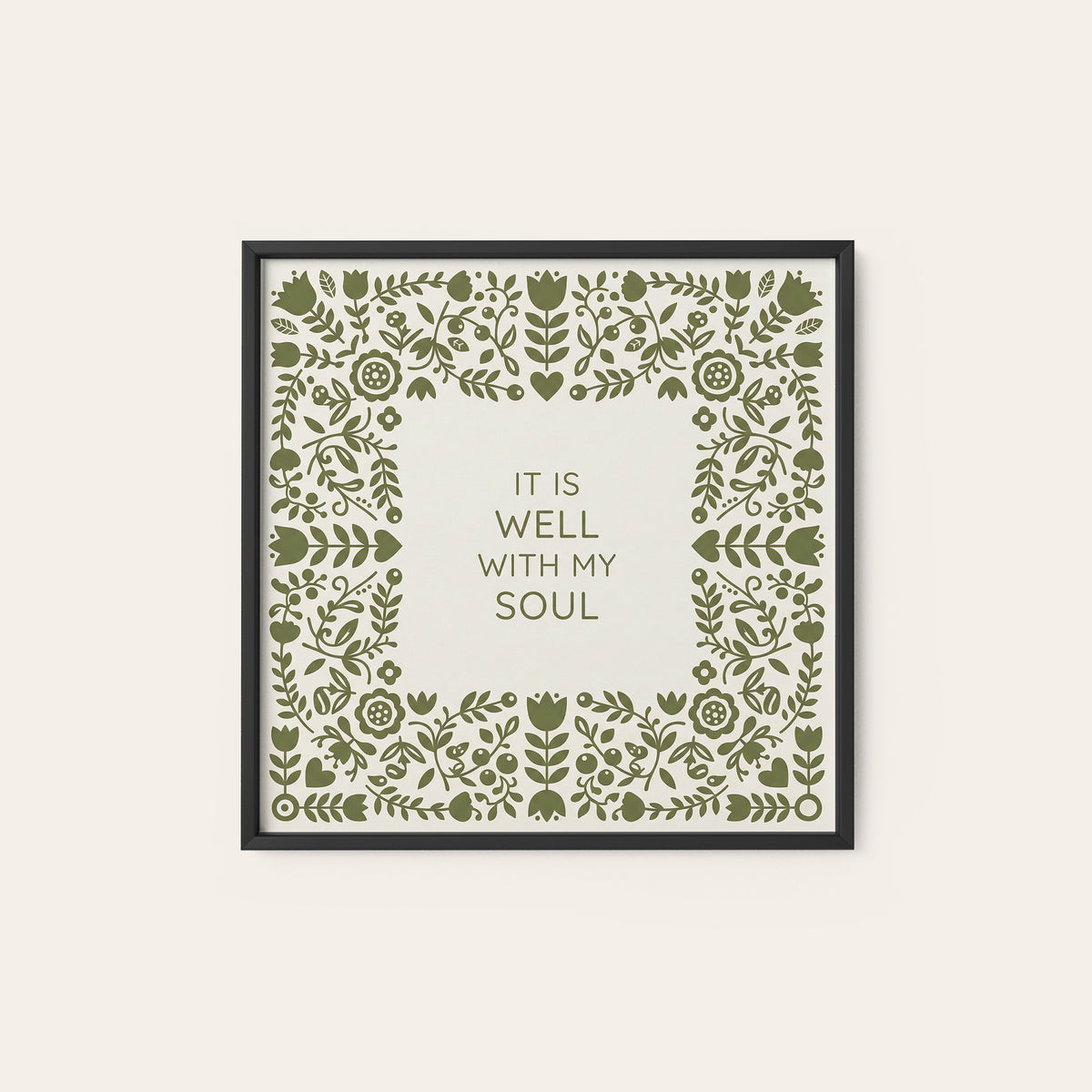 It Is Well with My Soul Floral Heart square art print — black frame