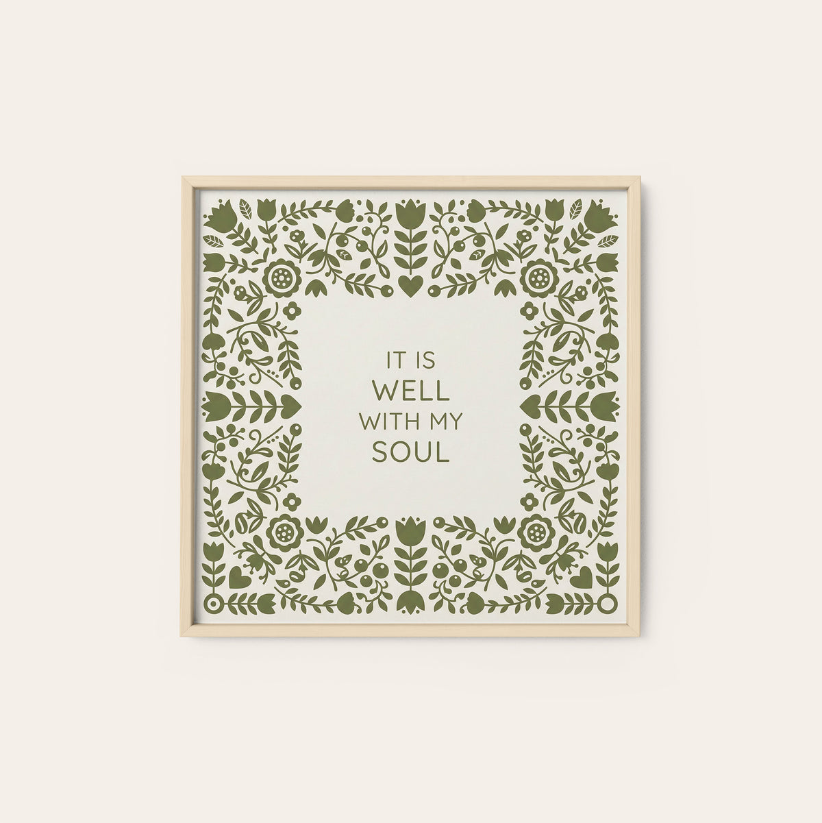 It Is Well with My Soul Floral Heart square art print — natural wood frame