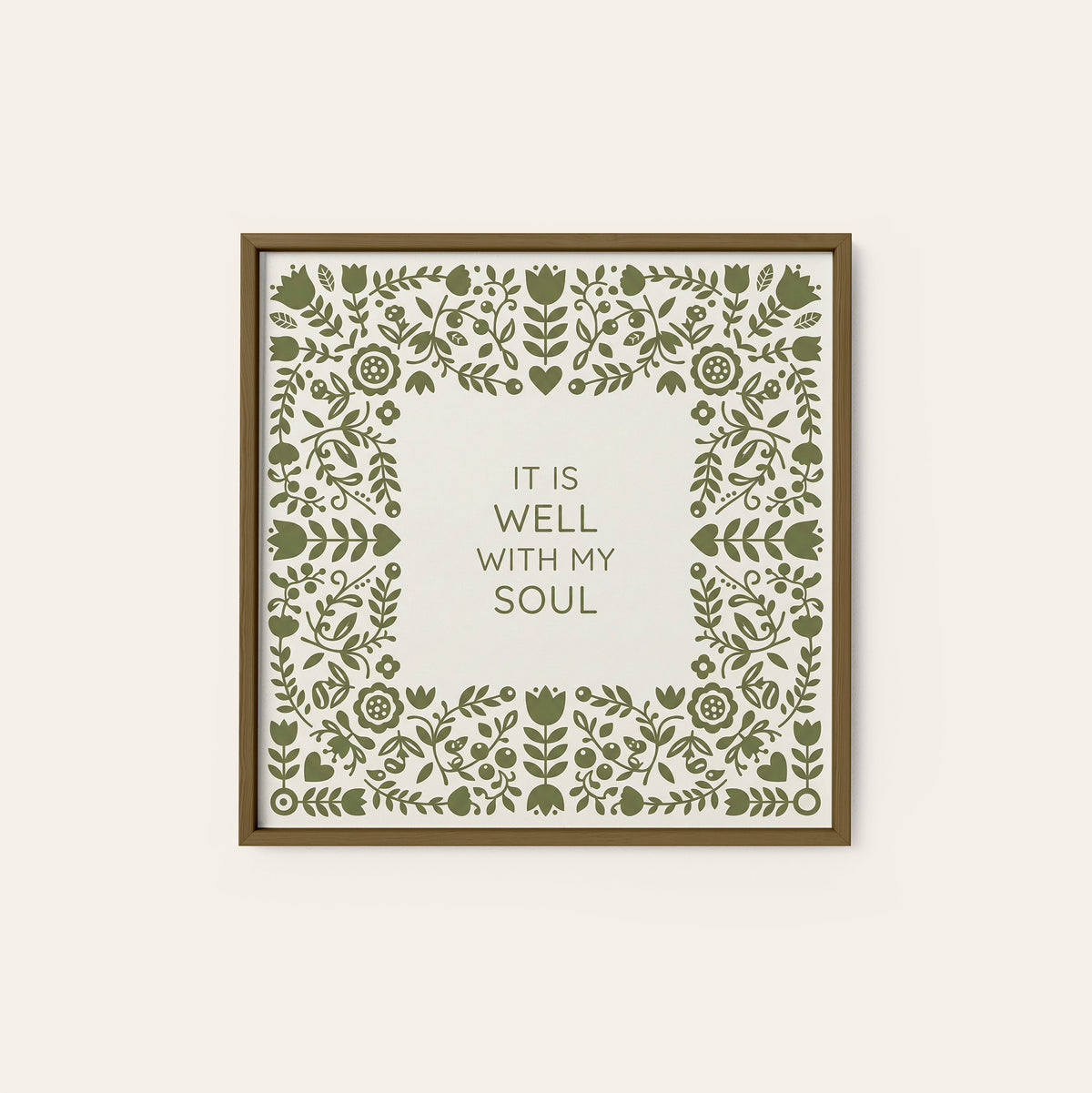 It Is Well with My Soul Floral Heart square art print — dark wood frame