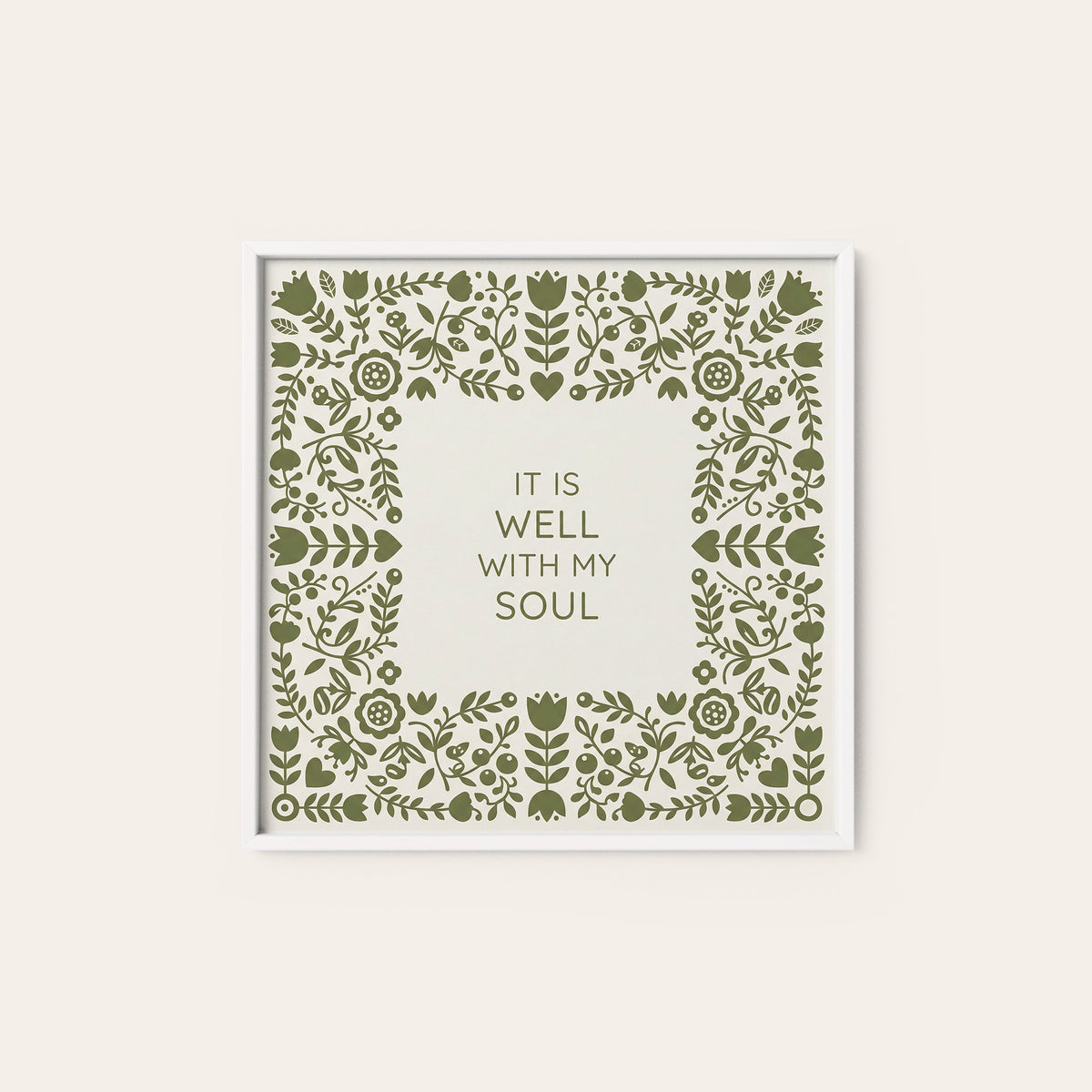 It Is Well with My Soul Floral Heart square art print — white frame