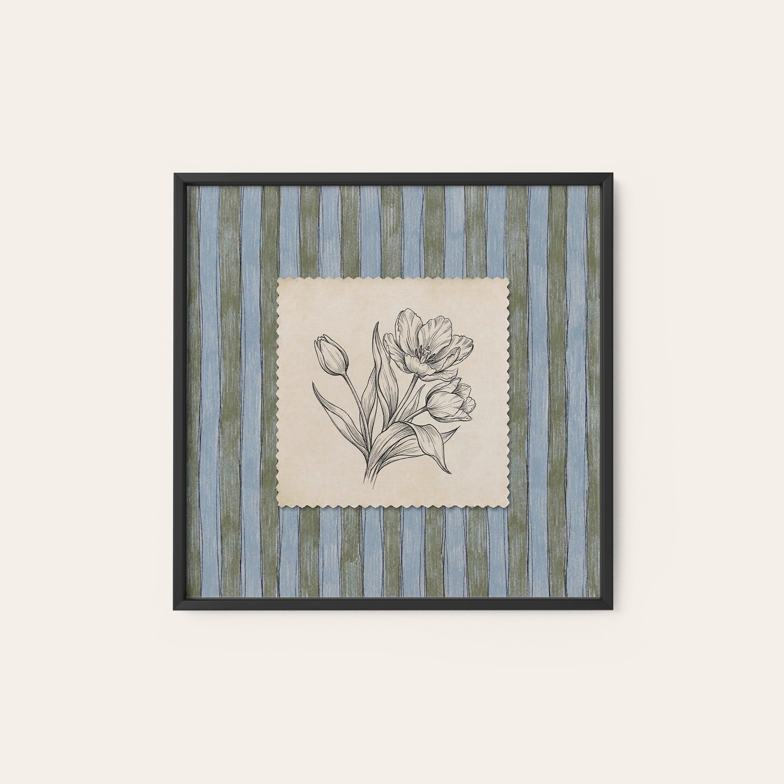 Tulip Study — Blue Stripe Print – black frame