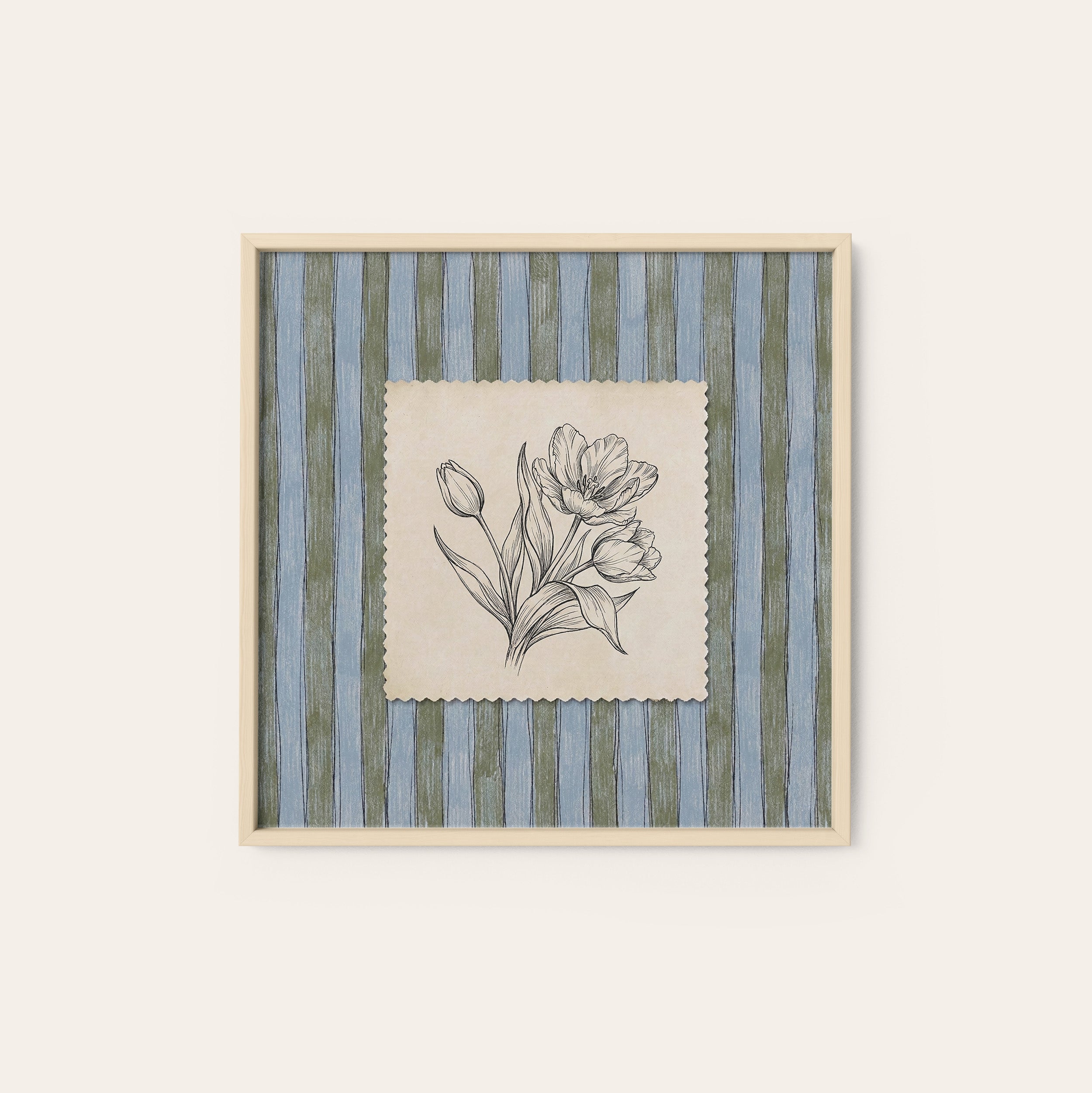 Tulip Study — Blue Stripe Print – natural wood frame