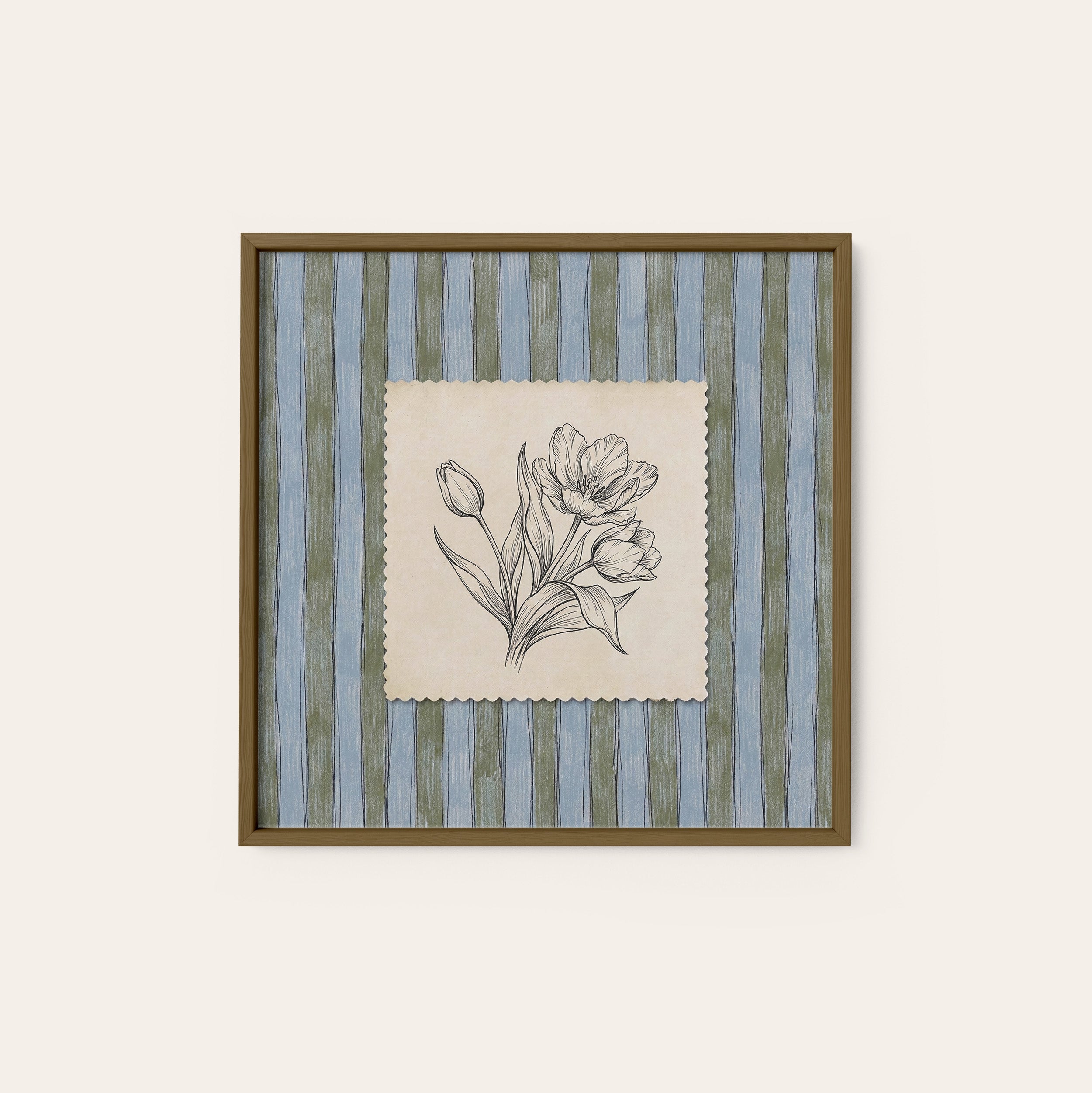Tulip Study — Blue Stripe Print – dark wood frame
