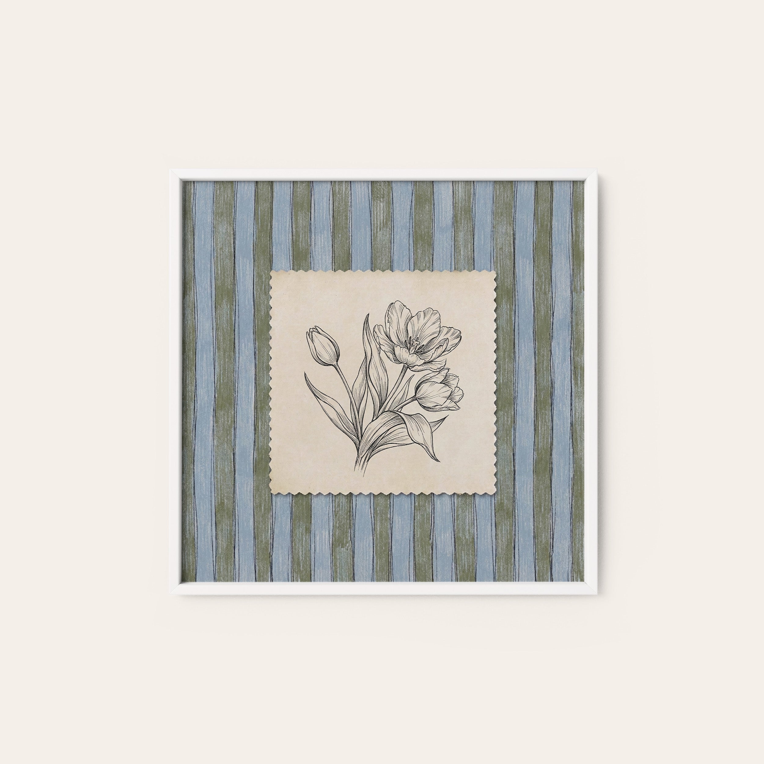 Tulip Study — Blue Stripe Print – white frame