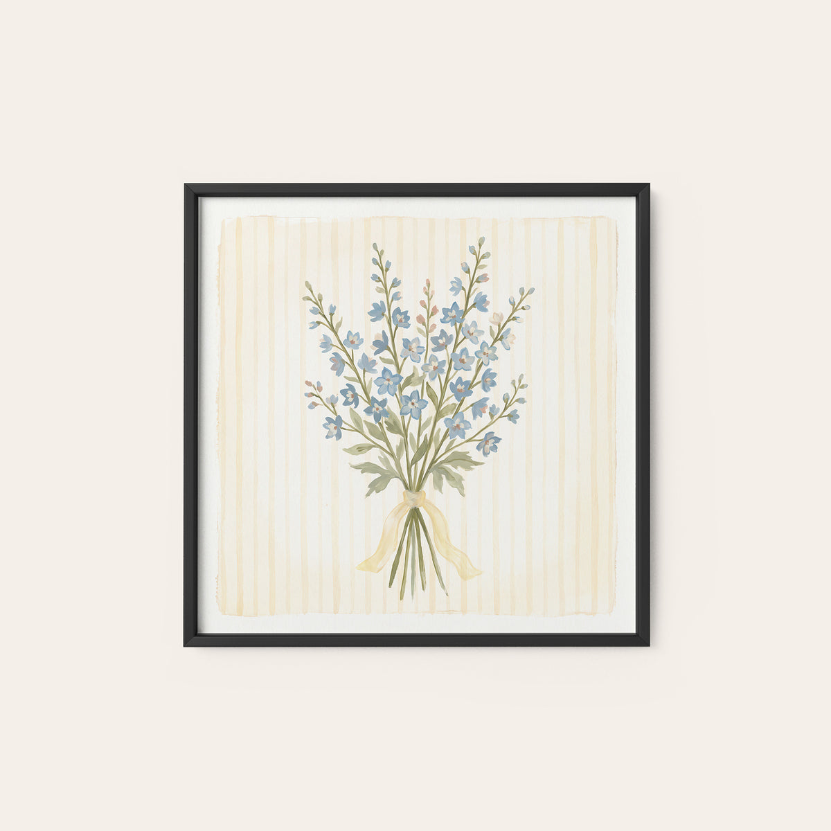 Blue Wildflowers Yellow Ribbon square art print — black frame
